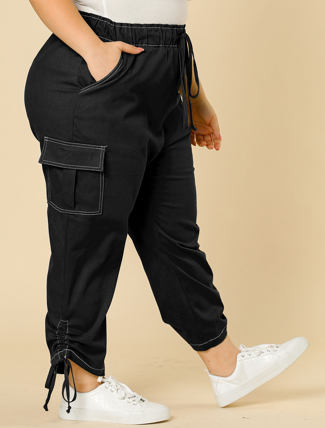 Women's Plus Size Drawstring Elastic Waist Cargo Pants with Pocket