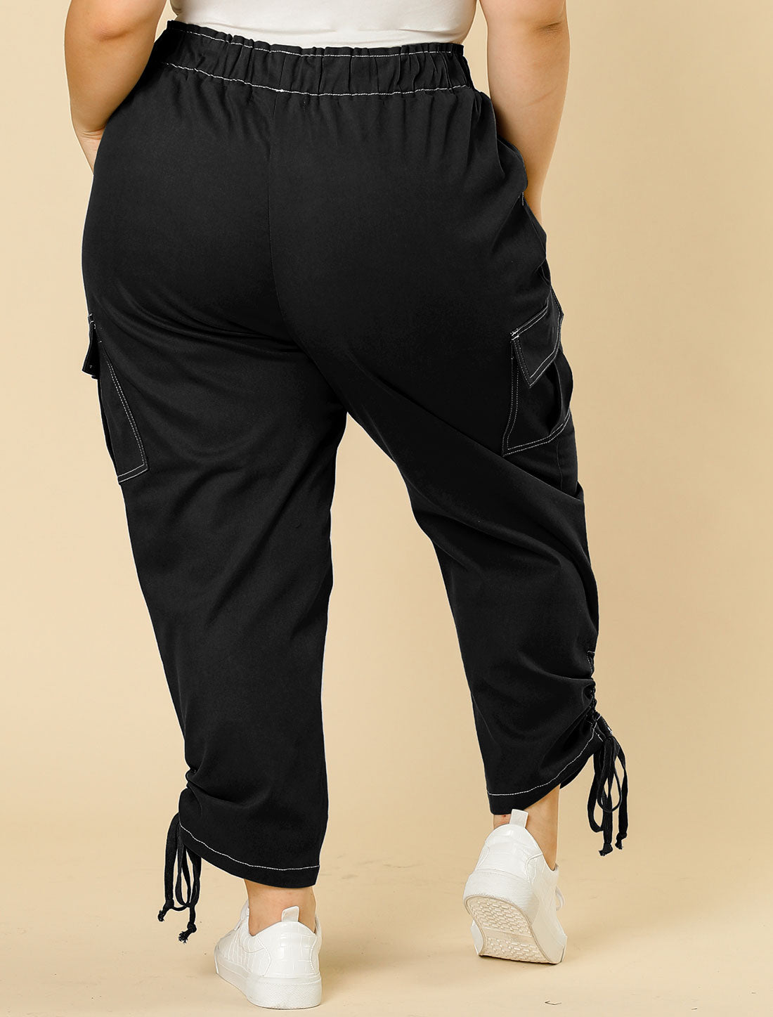 Women's Plus Size Drawstring Elastic Waist Cargo Pants with Pocket