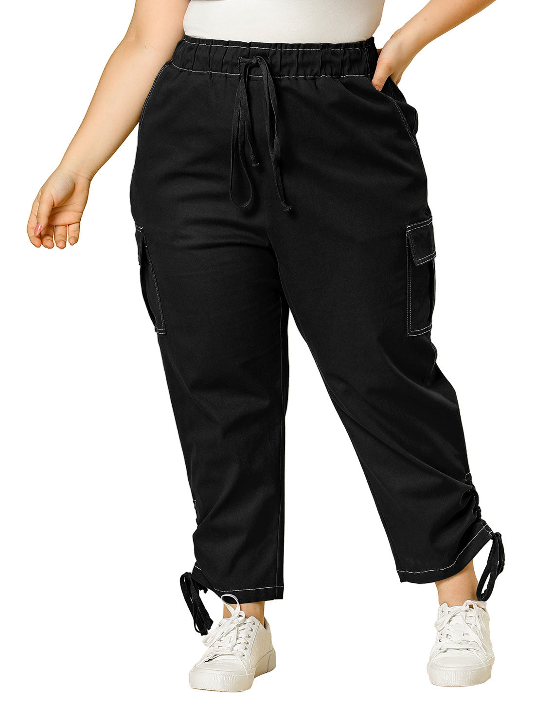 Women's Plus Size Drawstring Elastic Waist Cargo Pants with Pocket