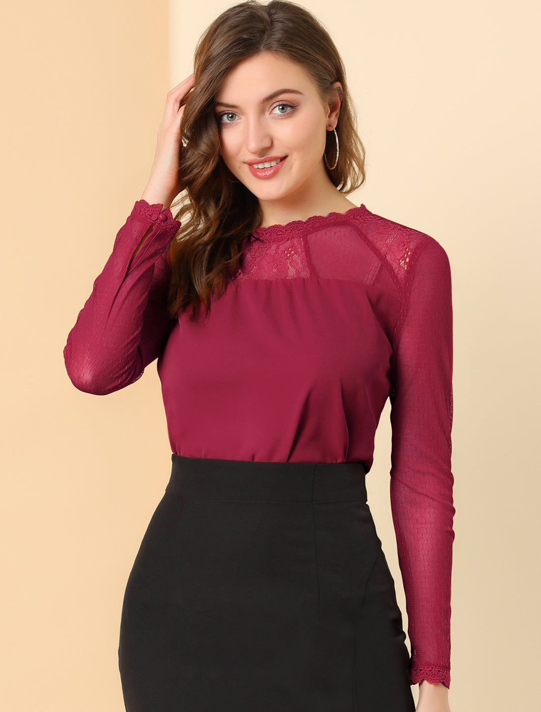 Women's Chiffon Top Elegant Sheer Mesh Lace Long Sleeve Blouse