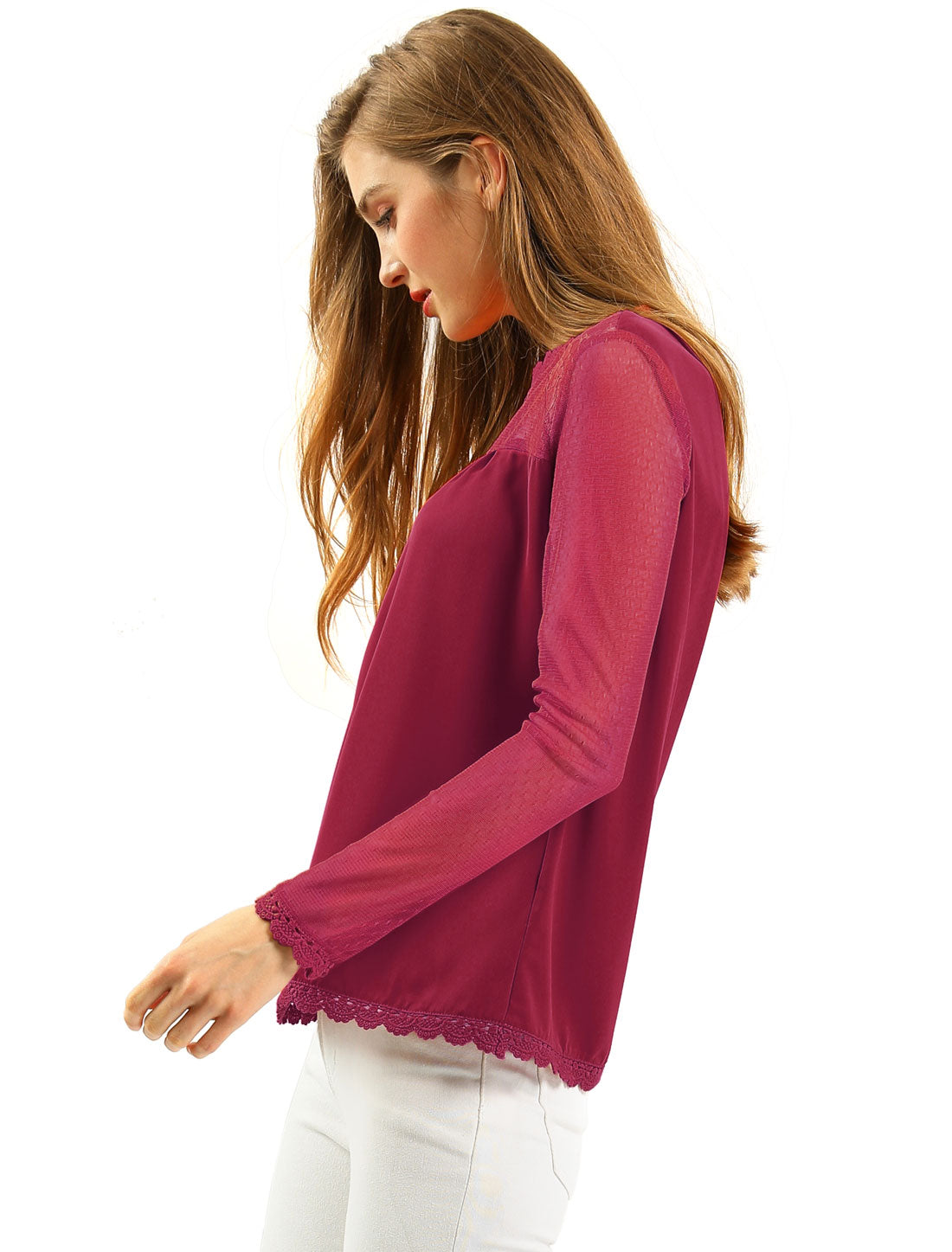 Women's Chiffon Top Elegant Sheer Mesh Lace Long Sleeve Blouse
