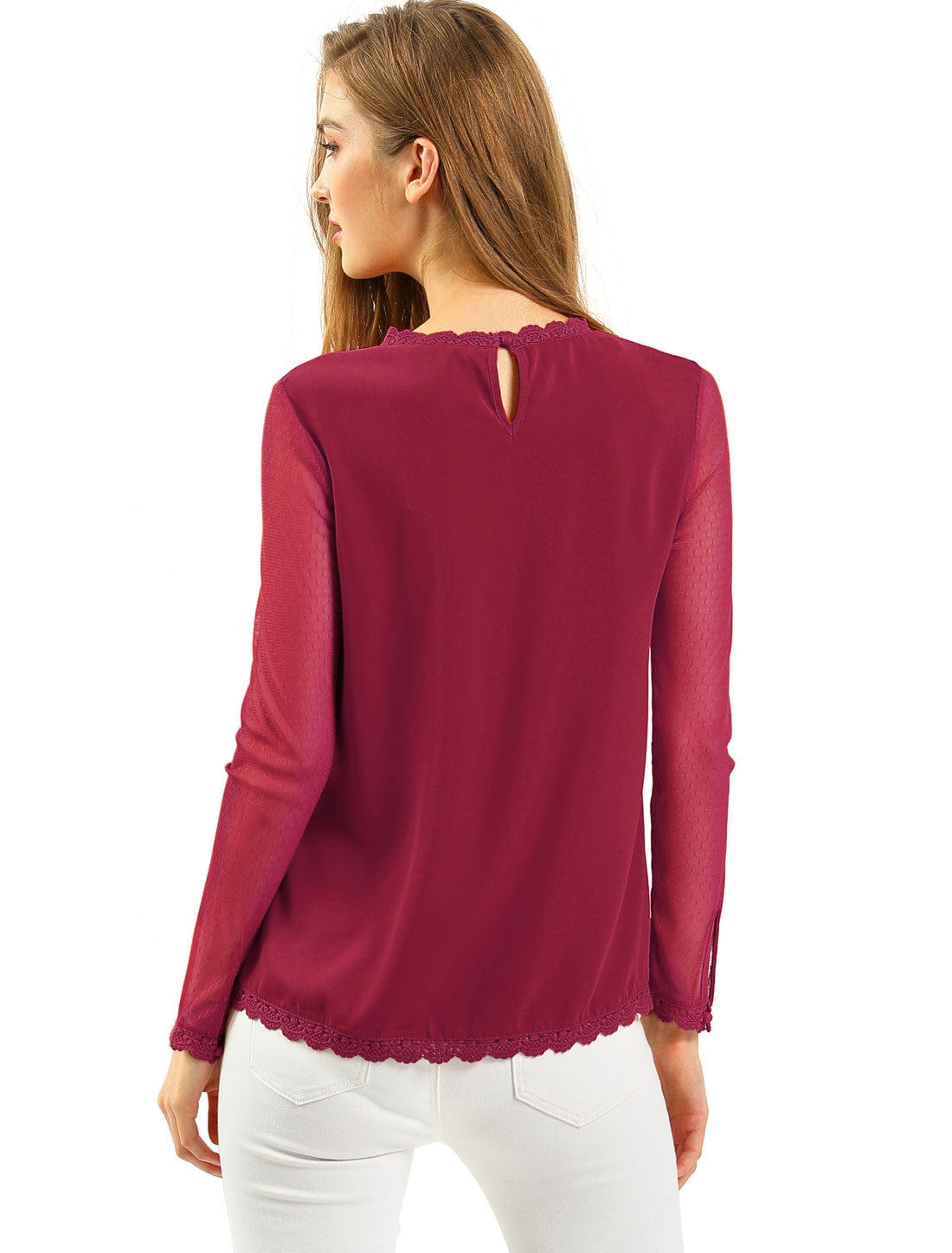 Women's Chiffon Top Elegant Sheer Mesh Lace Long Sleeve Blouse