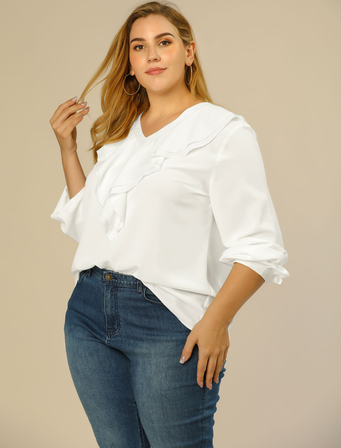 Women's Plus Size Ruffle Blouse Chiffon V Neck Long Sleeve Top