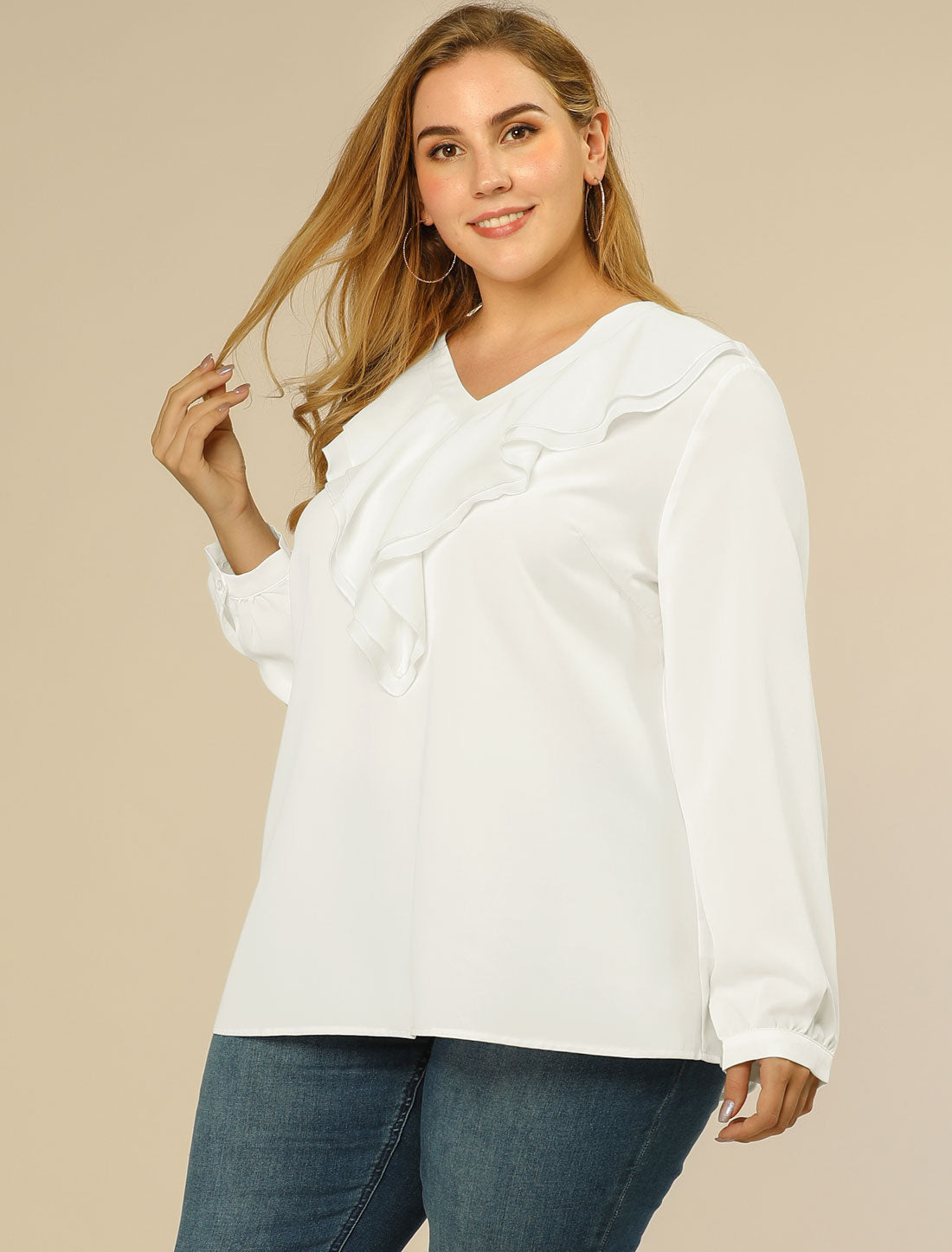 Women's Plus Size Ruffle Blouse Chiffon V Neck Long Sleeve Top