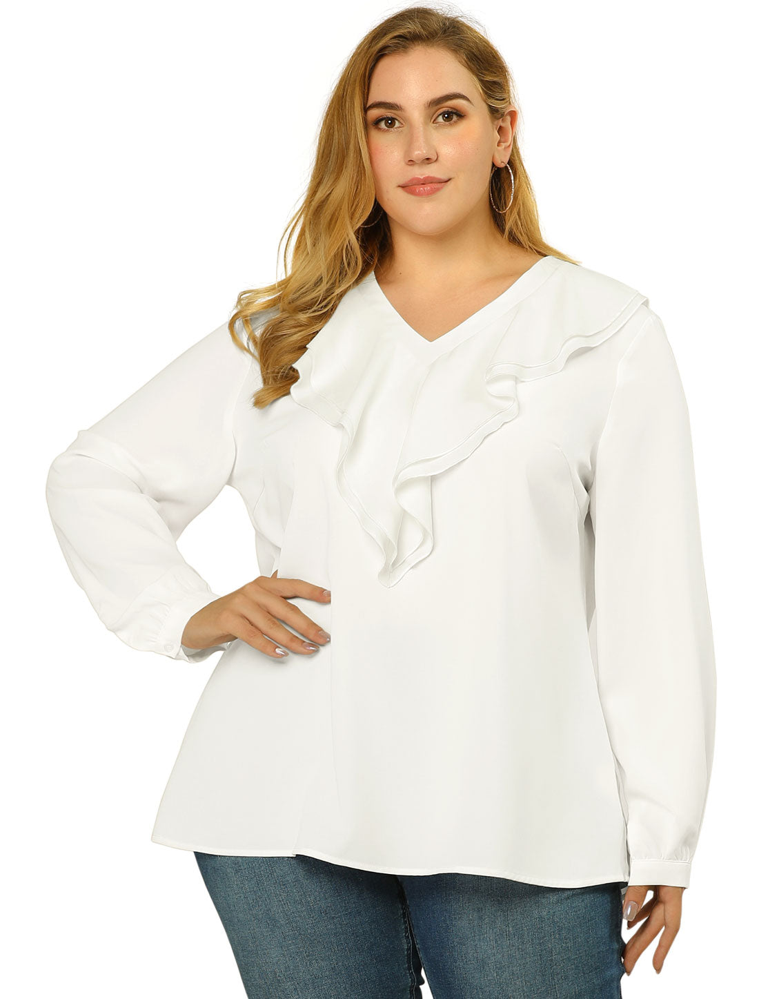 Women's Plus Size Ruffle Blouse Chiffon V Neck Long Sleeve Top