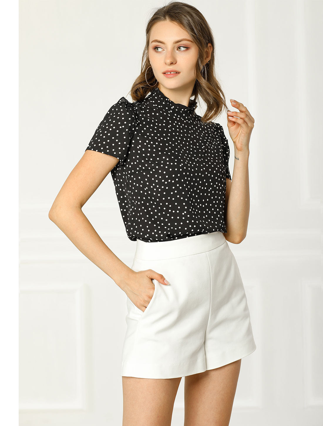 Women's Ruffled Retro Short Sleeve Polka Dots Blouse