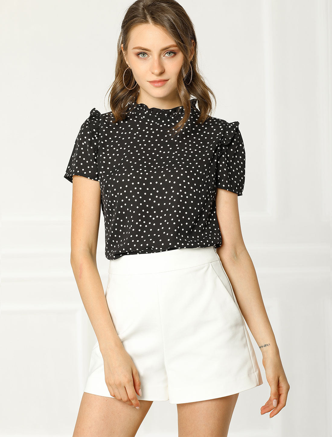 Women's Ruffled Retro Short Sleeve Polka Dots Blouse