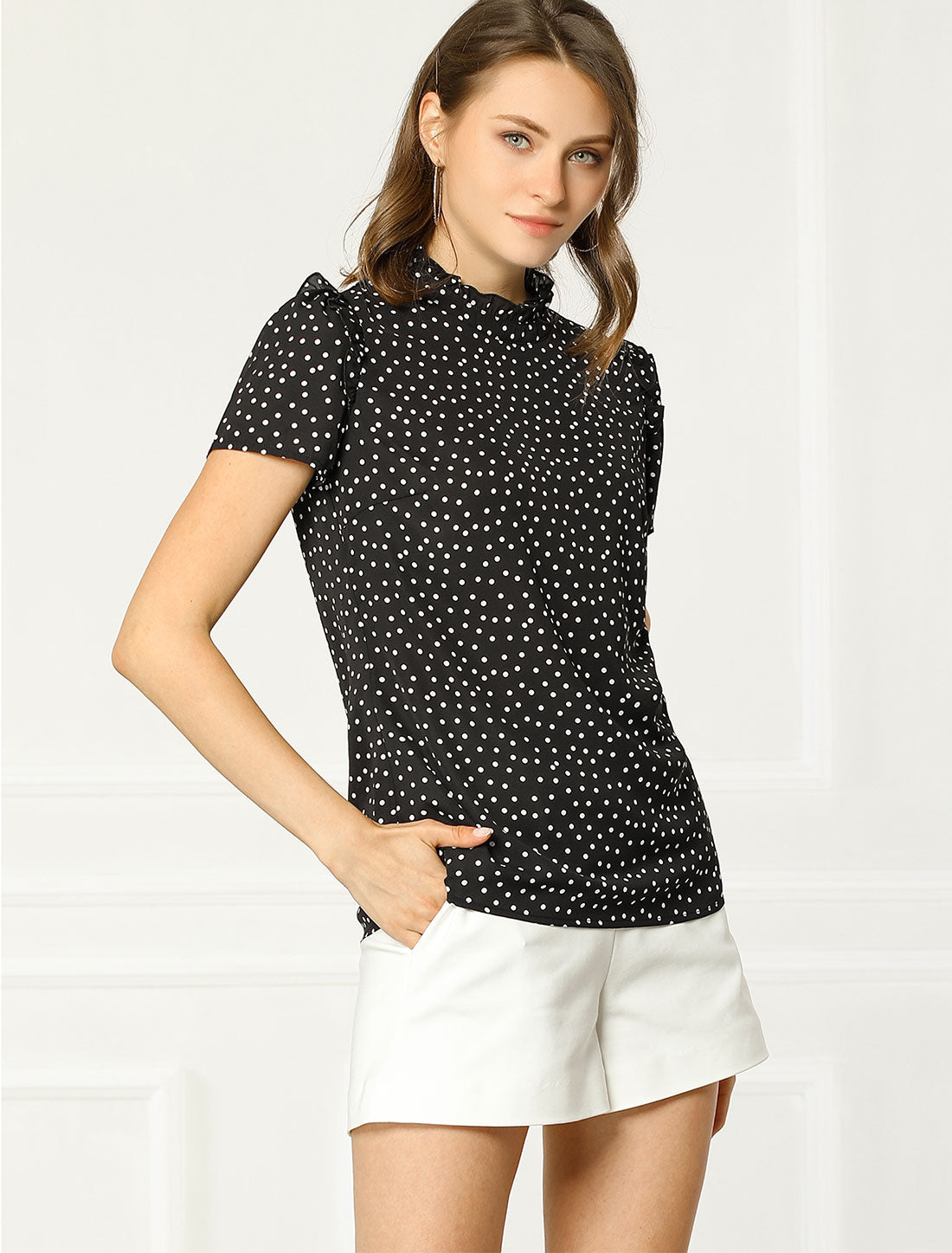 Women's Ruffled Retro Short Sleeve Polka Dots Blouse