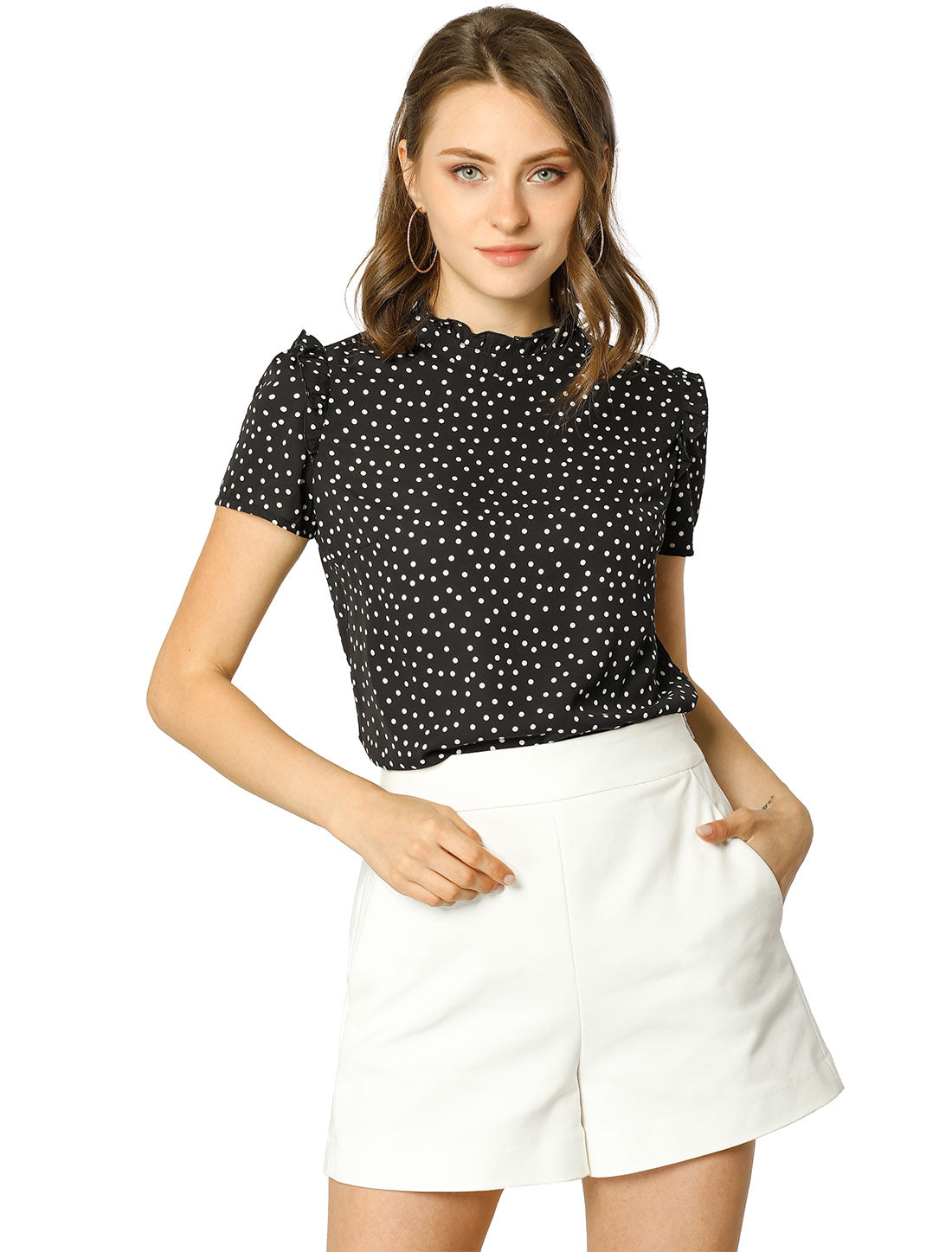 Women's Ruffled Retro Short Sleeve Polka Dots Blouse
