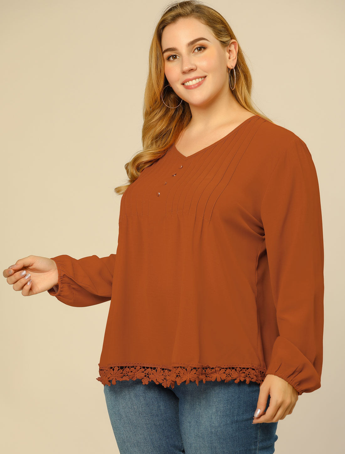Women's Plus Size Top Casual Long Sleeves Pleated Lace Hollow Chiffon Blouse