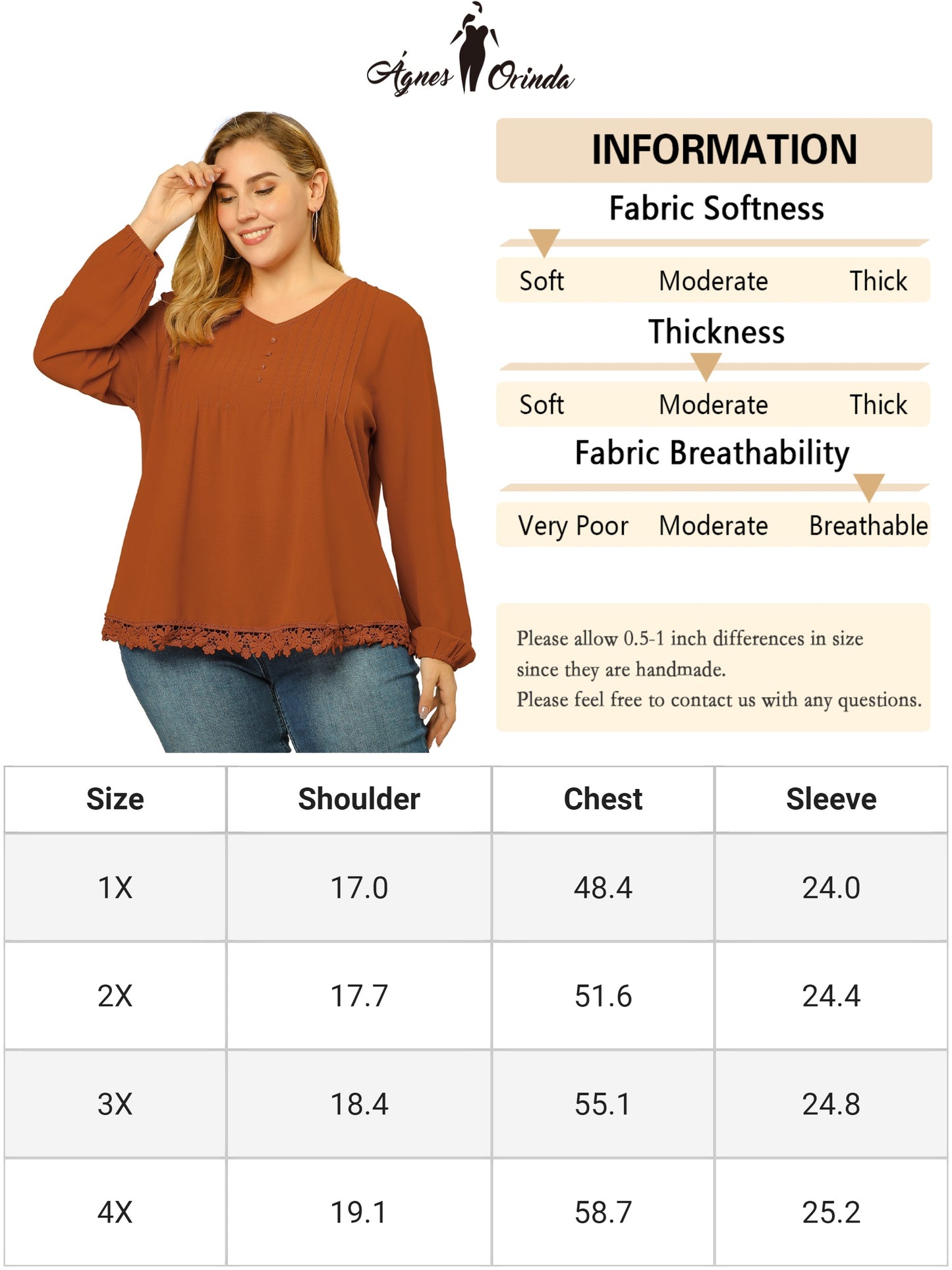 Blusa informal de gasa hueca con encaje plisado y mangas largas para mujer, talla grande