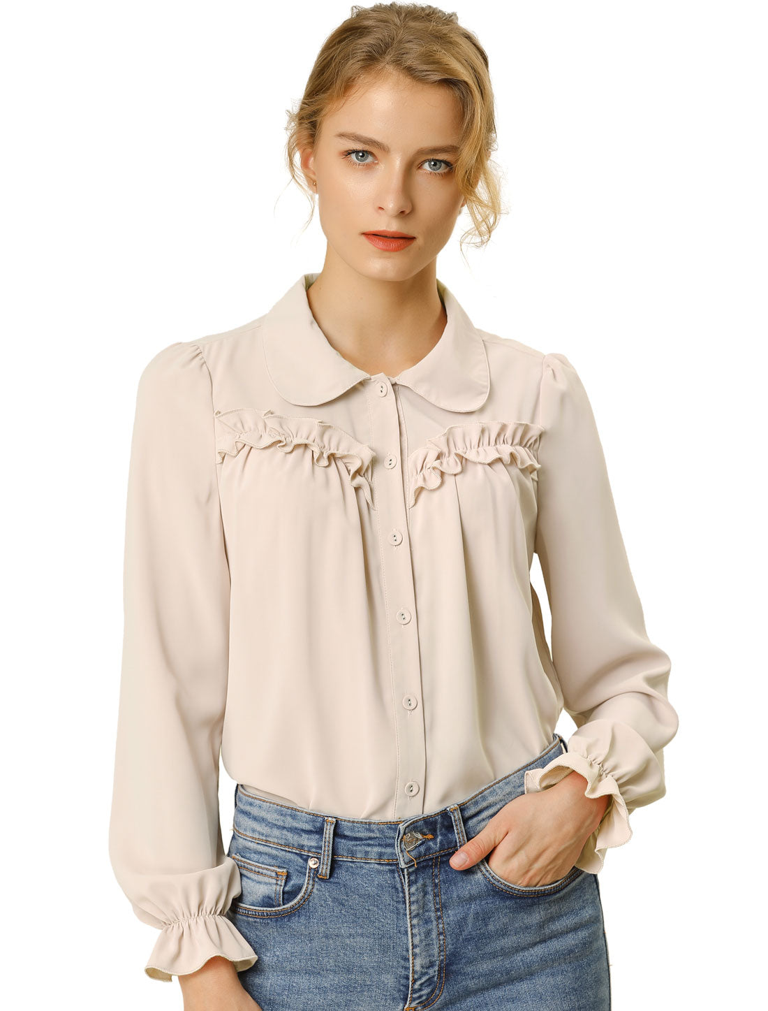 Women's Button Down Ruffle Long Sleeve Peter Pan Collar Work Shirt Top
