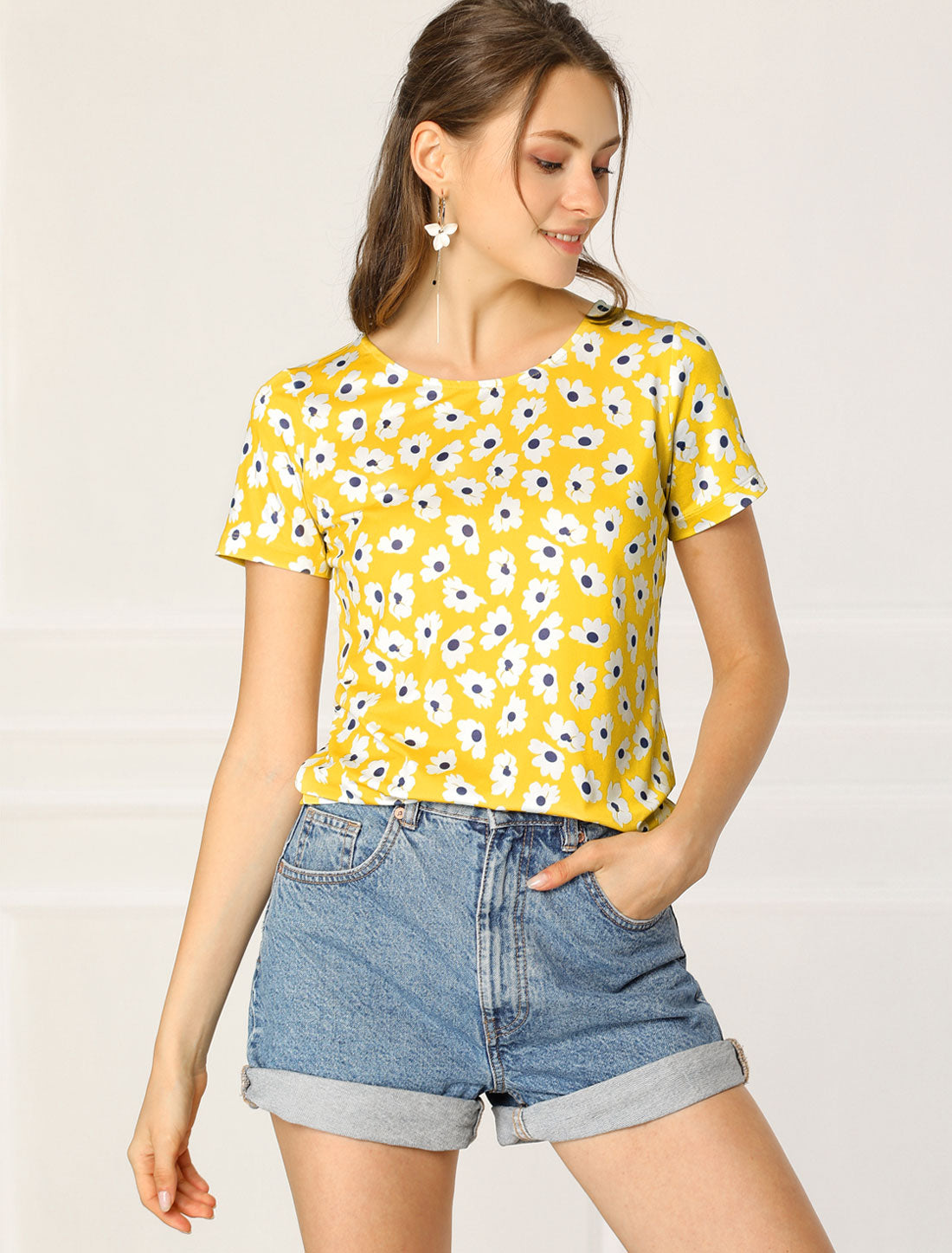 Women's Daisy Floral Top Crew Neck Short Sleeve Summer T-Shirt