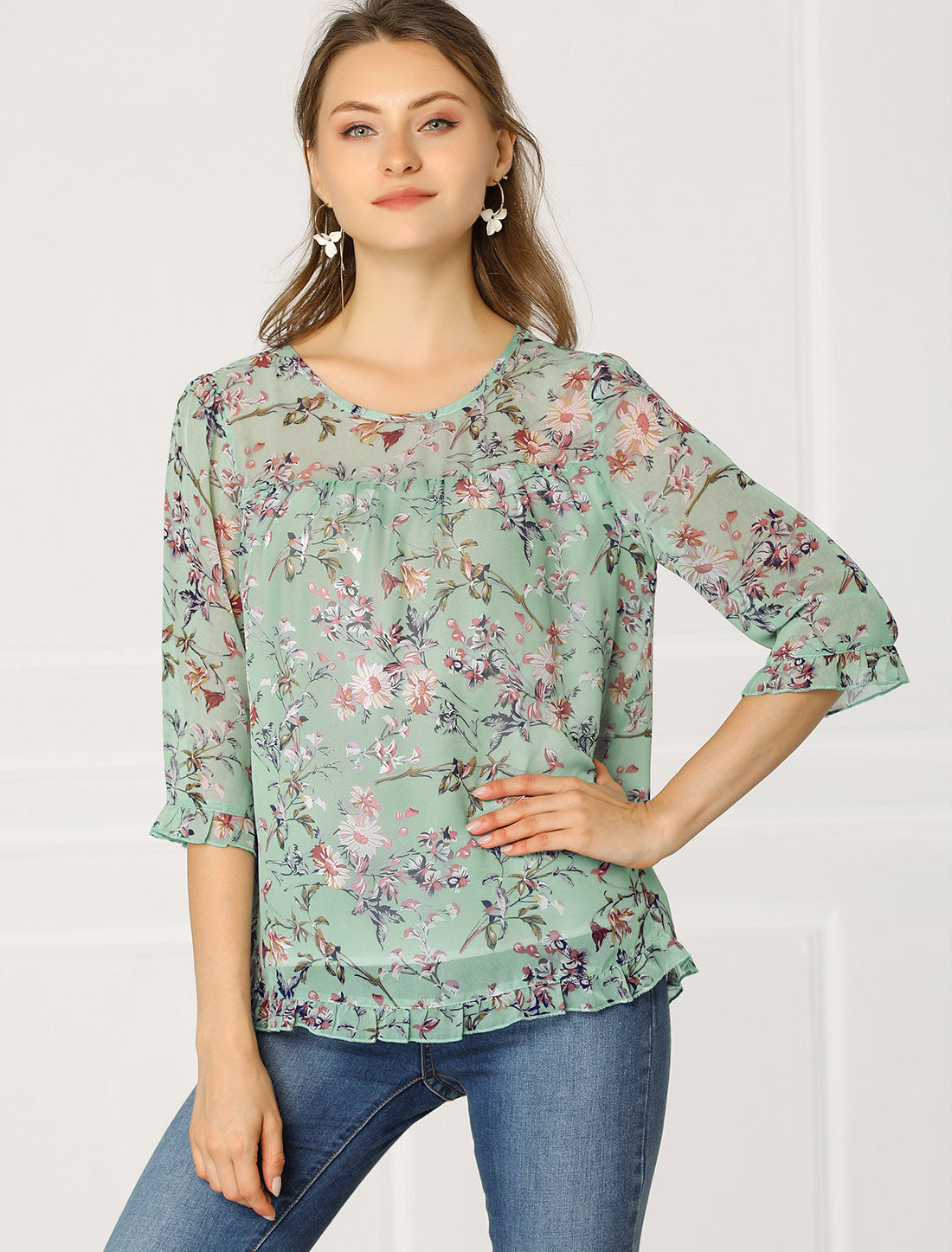Women's Casual Ruffle 3/4 Sleeve Floral Print Chiffon Blouse (Available in Plus Size)