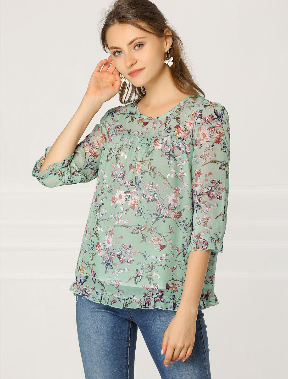 Women's Casual Ruffle 3/4 Sleeve Floral Print Chiffon Blouse (Available in Plus Size)