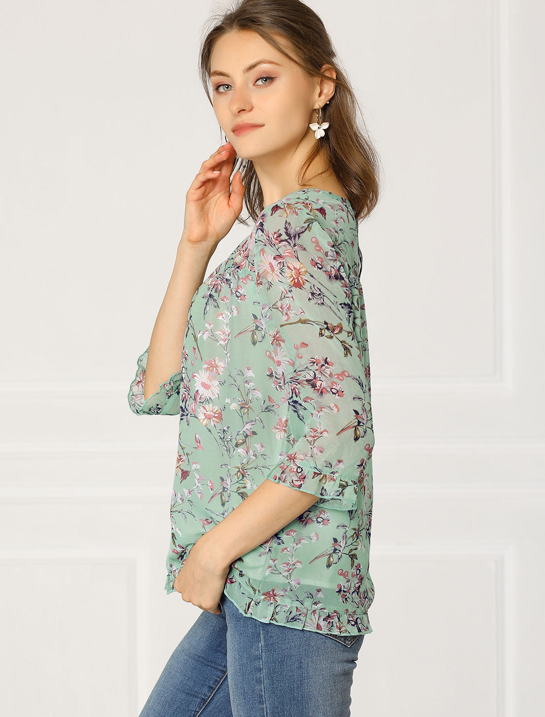 Women's Casual Ruffle 3/4 Sleeve Floral Print Chiffon Blouse (Available in Plus Size)