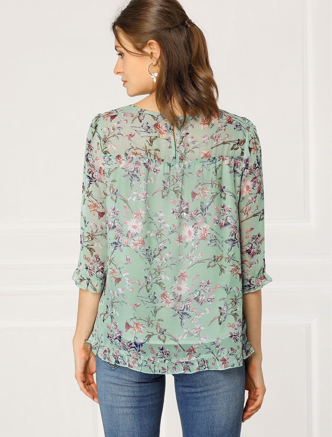 Women's Casual Ruffle 3/4 Sleeve Floral Print Chiffon Blouse (Available in Plus Size)