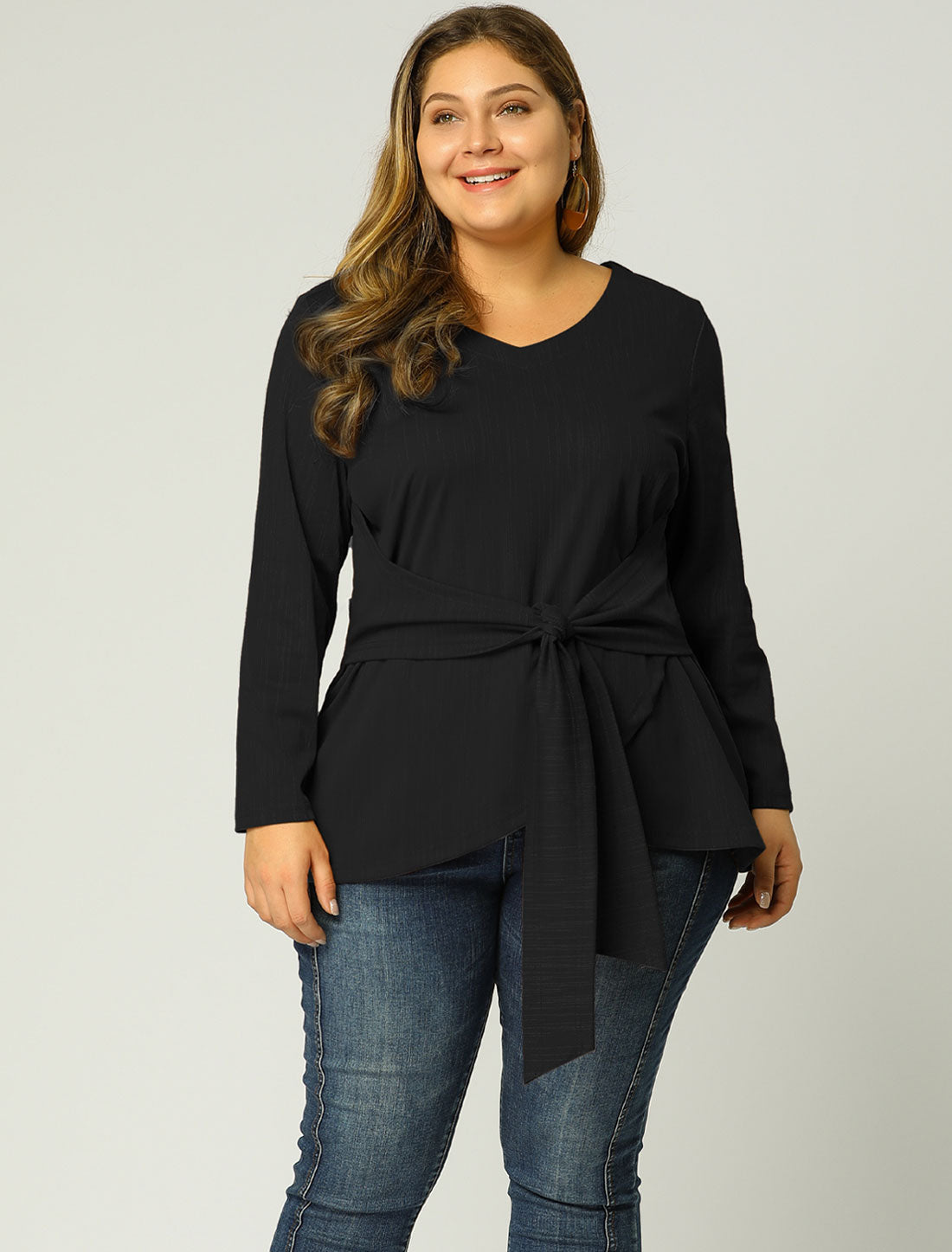 Women's Plus Size Long Sleeve V Neck Knit Belted Knot Tie Work Blouse