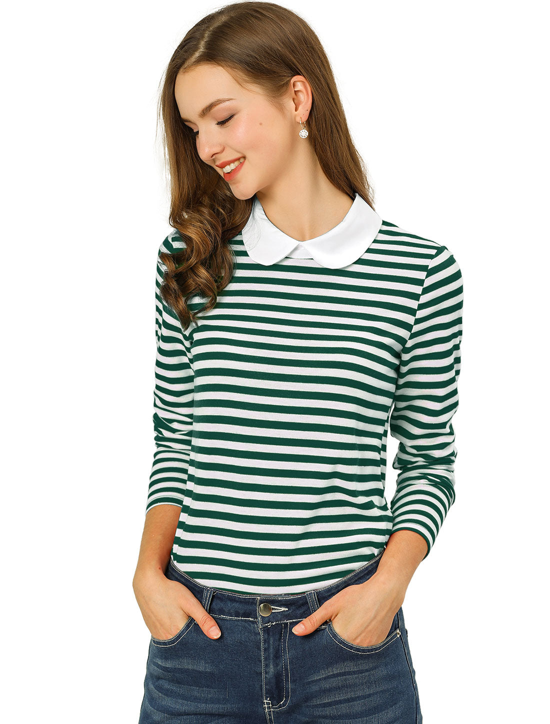 Women's Contrast Collar Long Sleeves Peter Pan Collar Striped Shirt Top