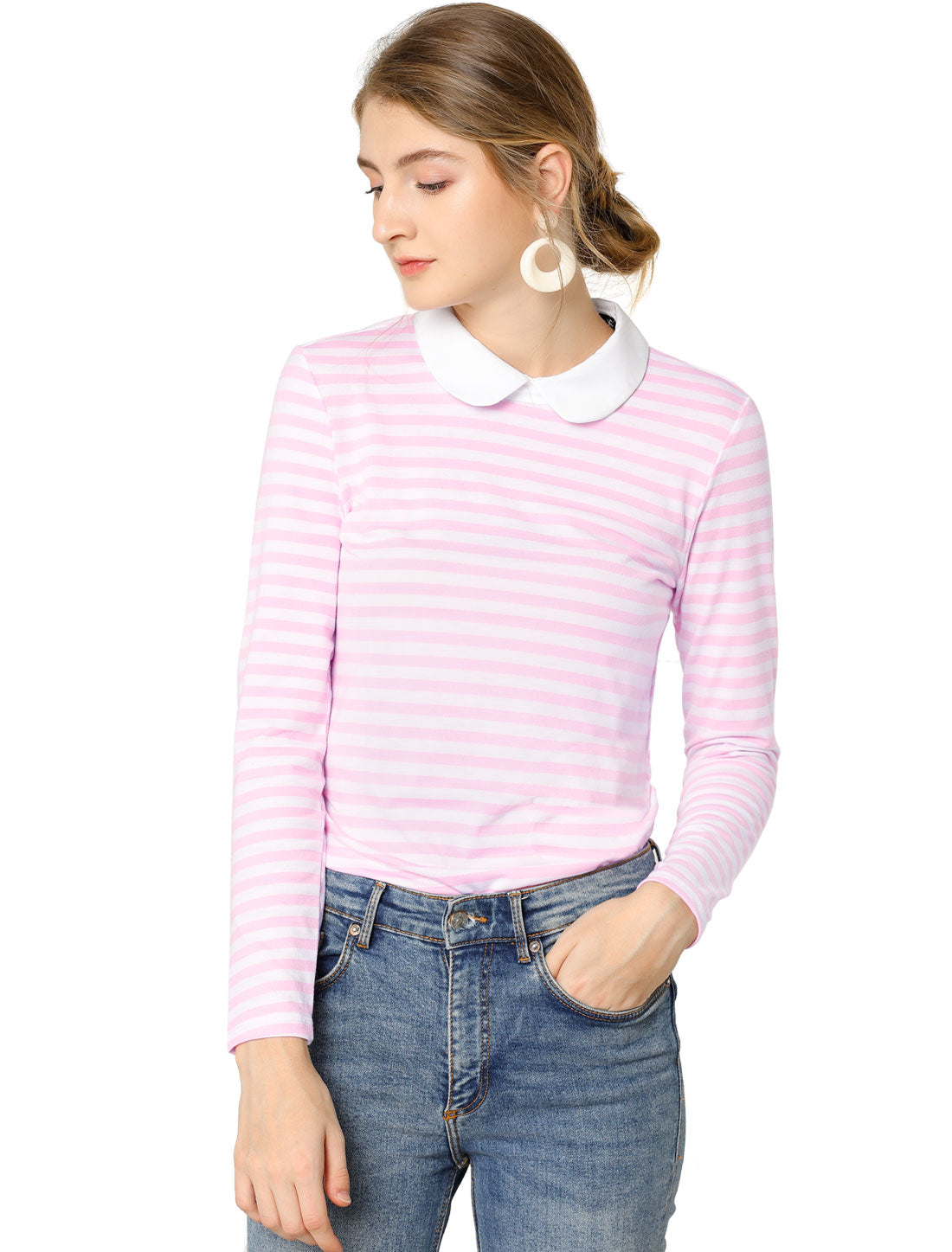 Women's Contrast Collar Long Sleeves Peter Pan Collar Striped Shirt Top