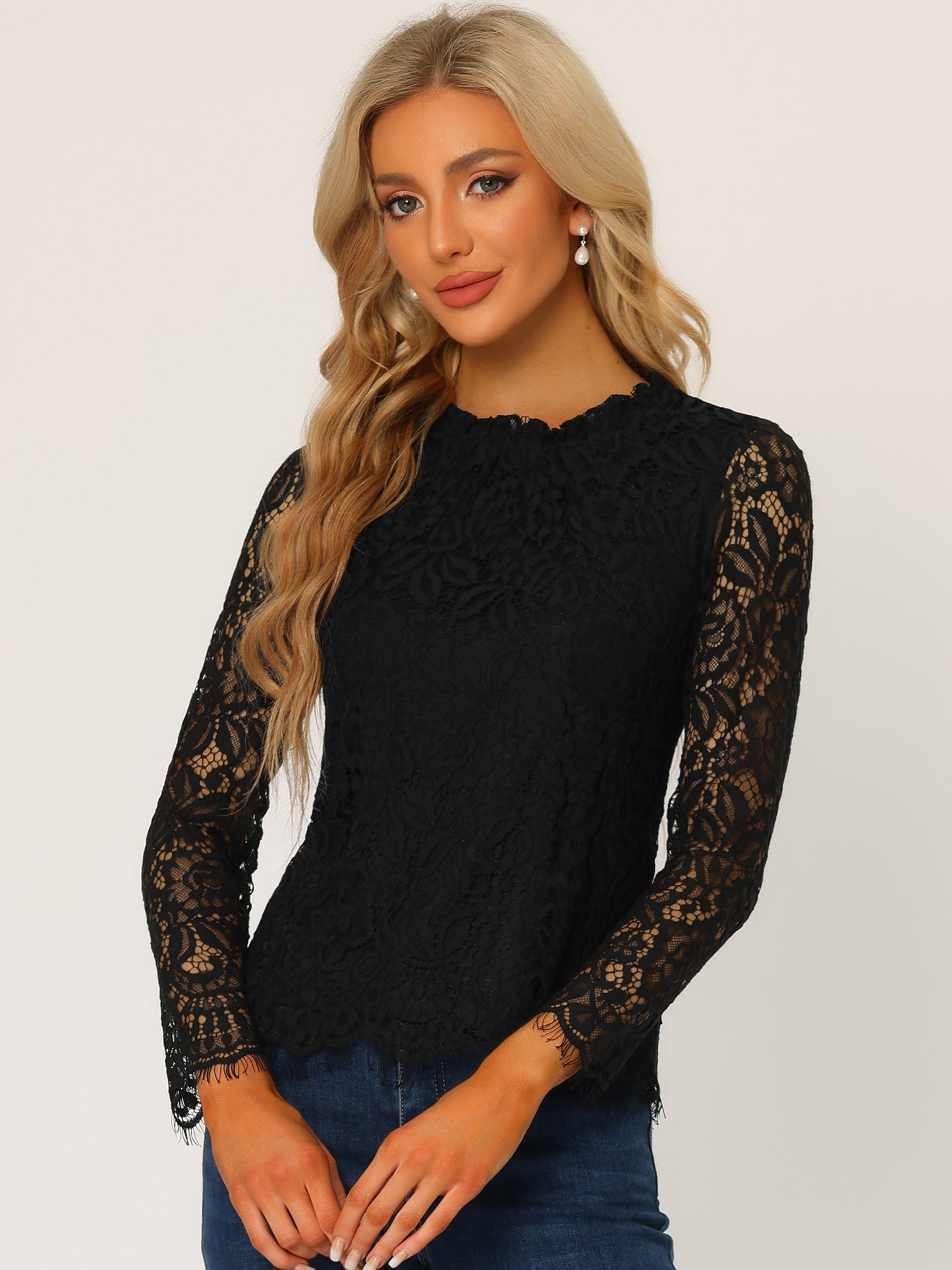 Women's Long Sleeve Lace Top Dressy Elegant Peplum Blouse Shirt (Available in Plus Size)