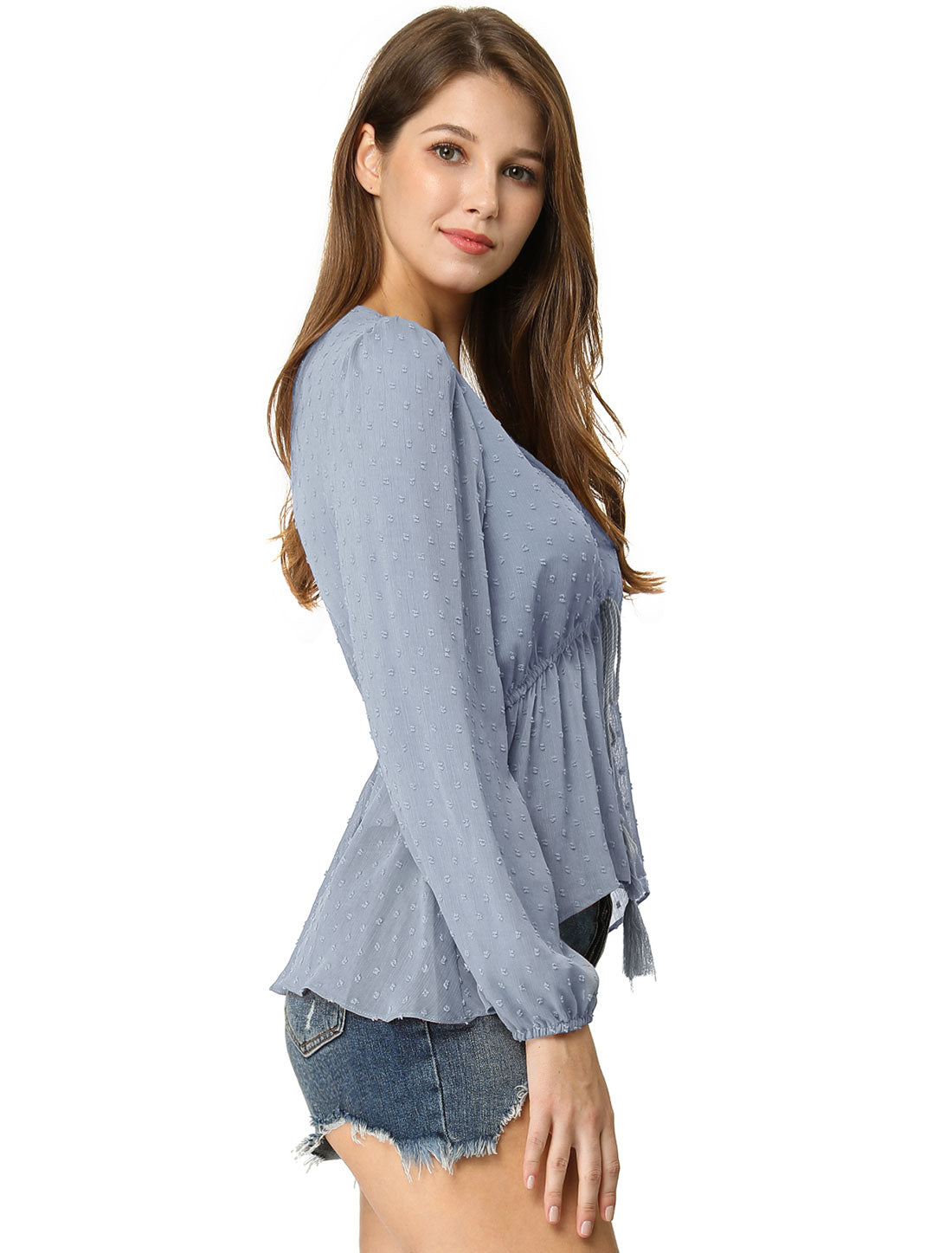 Women's Deep V Neck Chiffon Top Swiss Dots Ruffle Hem Long Sleeve Peplum Top