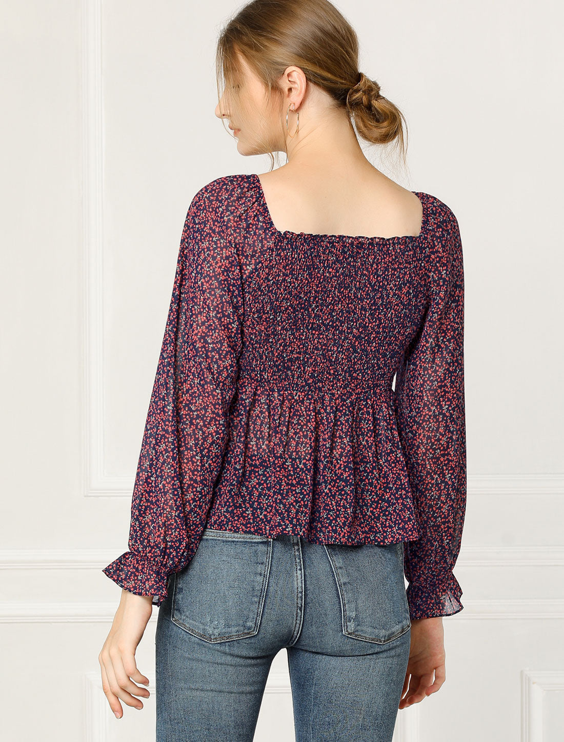 Blusa de gasa con cuello cuadrado y estampado floral fruncido para mujer