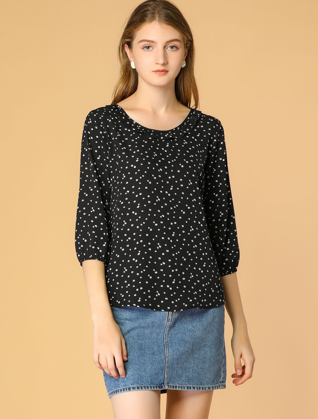 Women's Floral Dots Ruffled Neck 3/4 Sleeves Blouse