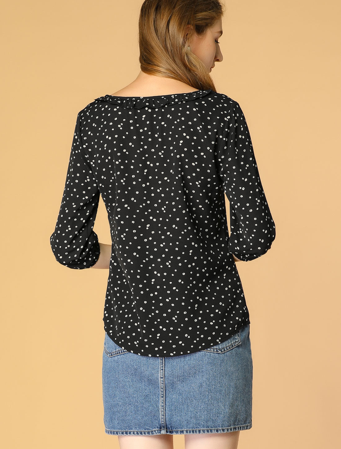 Women's Floral Dots Ruffled Neck 3/4 Sleeves Blouse