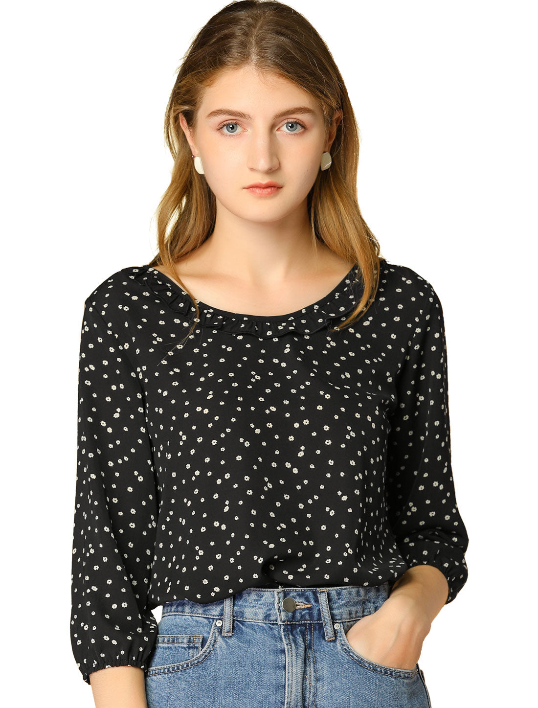 Women's Floral Dots Ruffled Neck 3/4 Sleeves Blouse