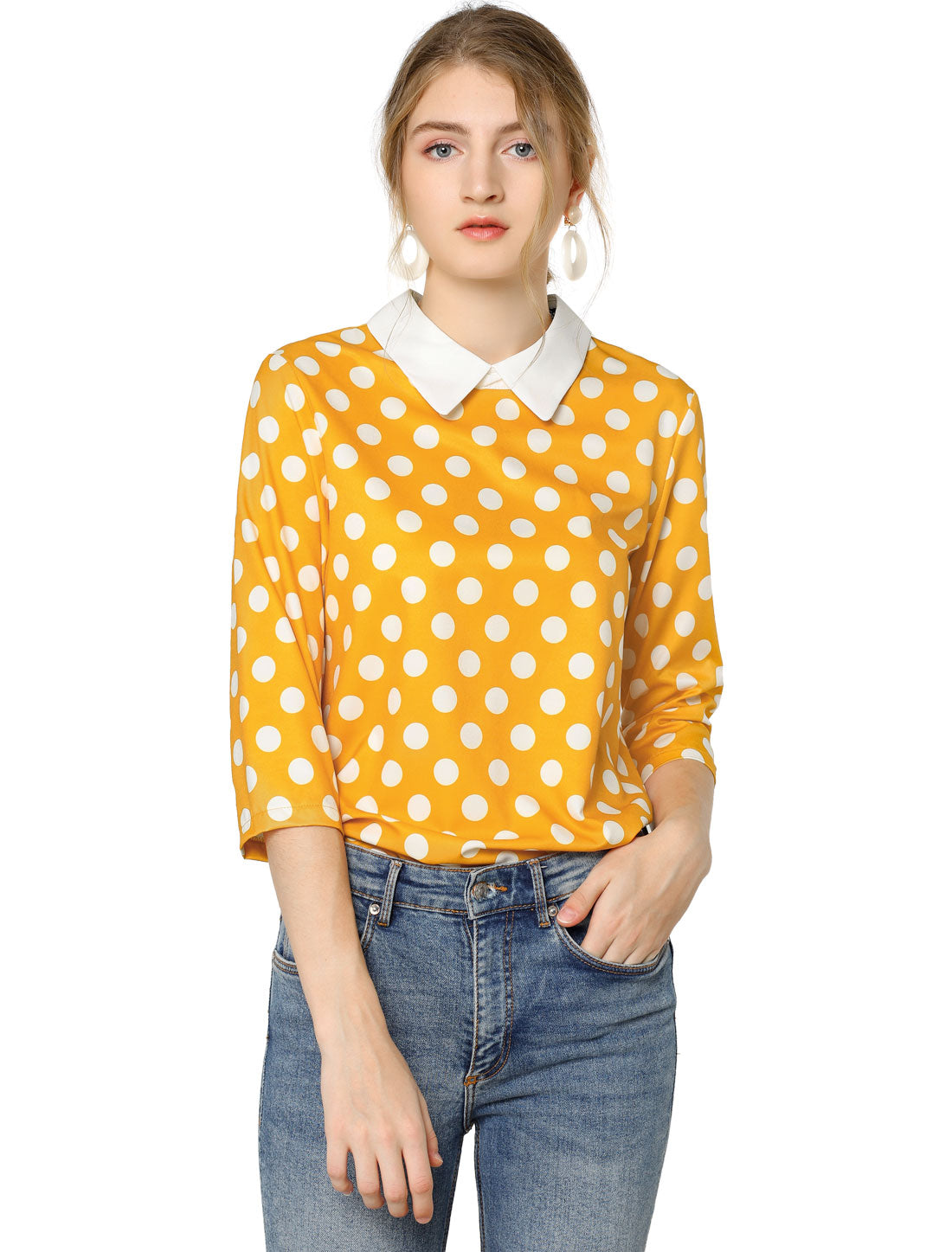 Women's Polka Dots Contrast Peter Pan Collar Top 3/4 Sleeves Blouse Shirt
