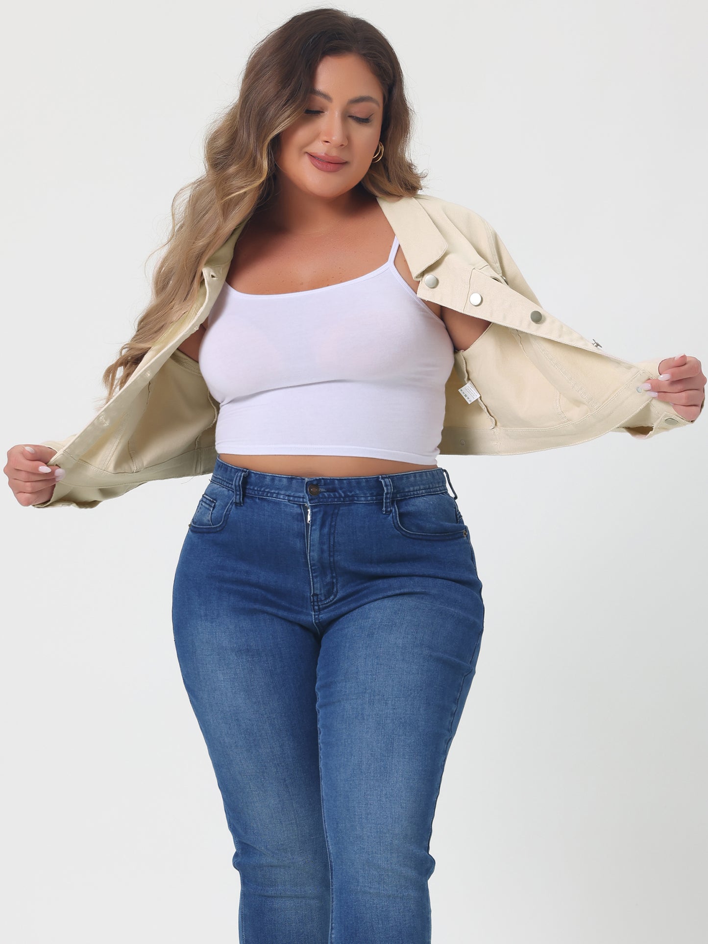 Women's Plus Size Button Closed Cropped Stitching Denim Jacket