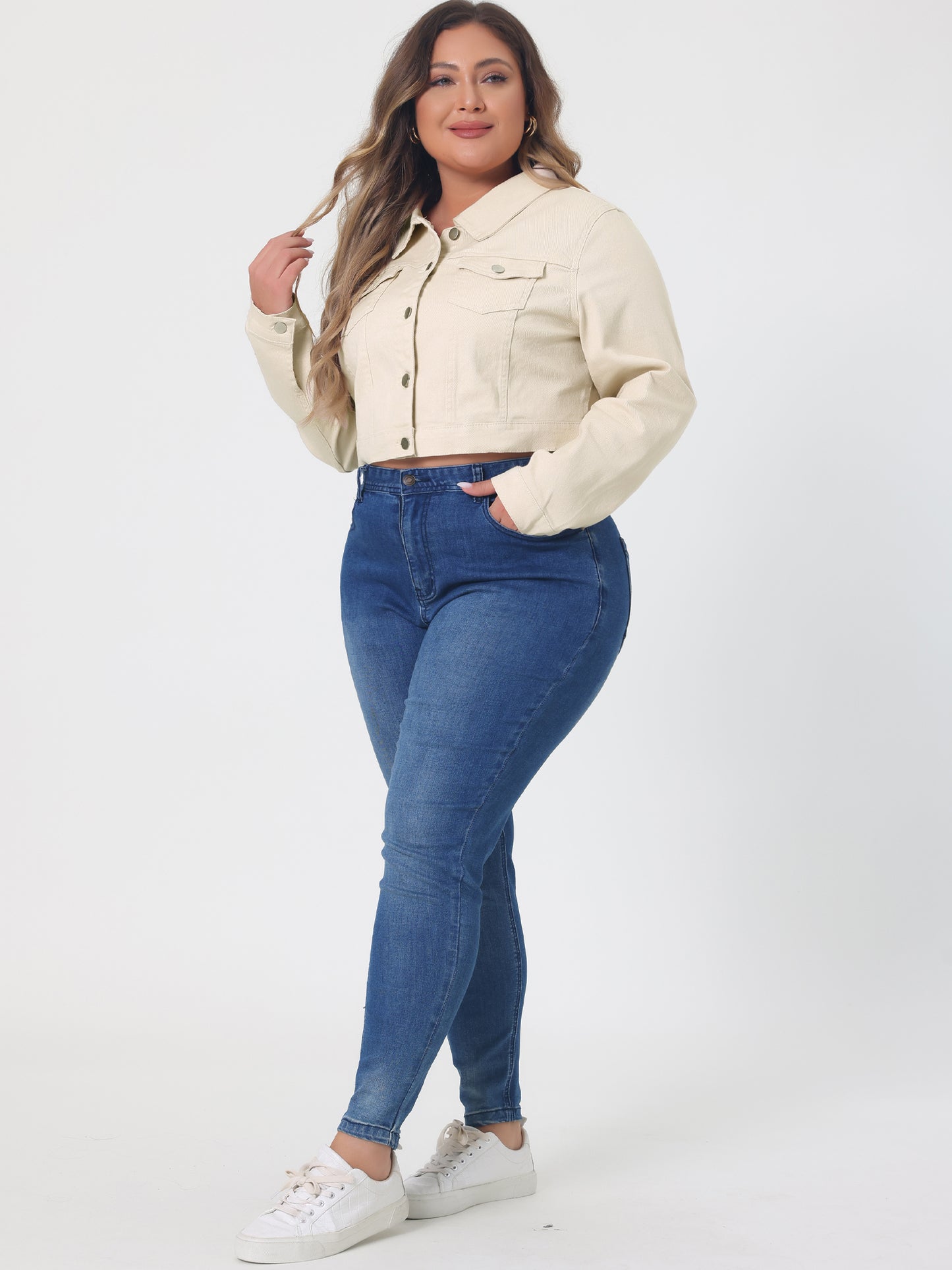 Women's Plus Size Button Closed Cropped Stitching Denim Jacket