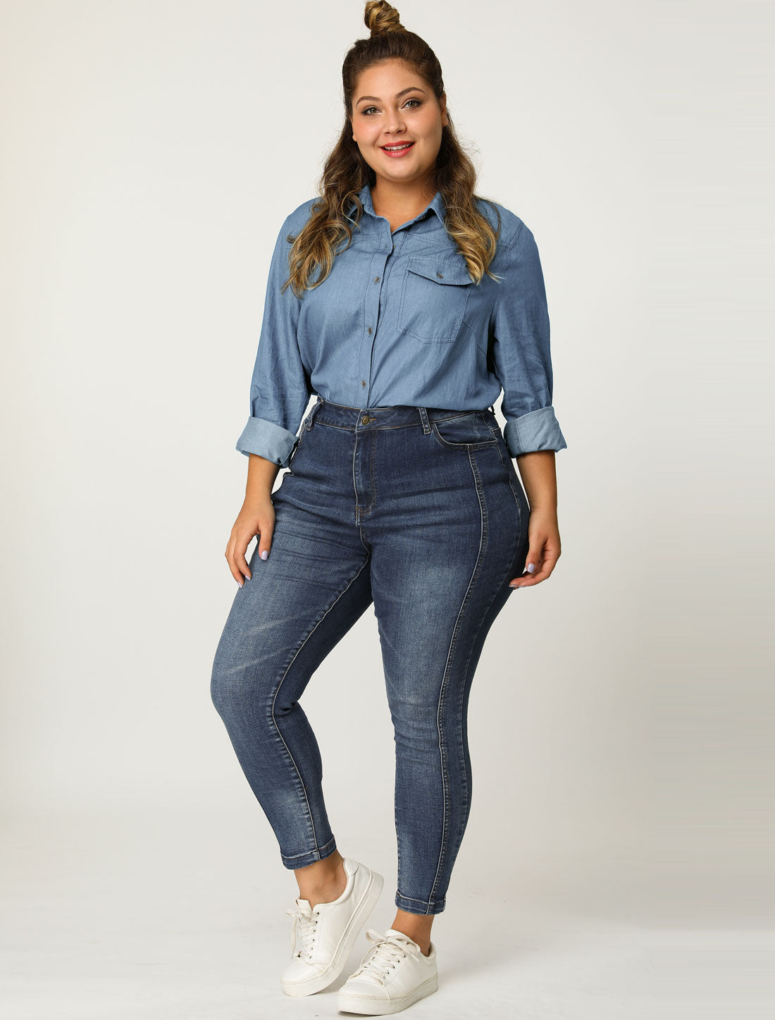 Women's Plus Size Denim Shirt Long Sleeves Chest Pocket Button Down Chambray Shirt