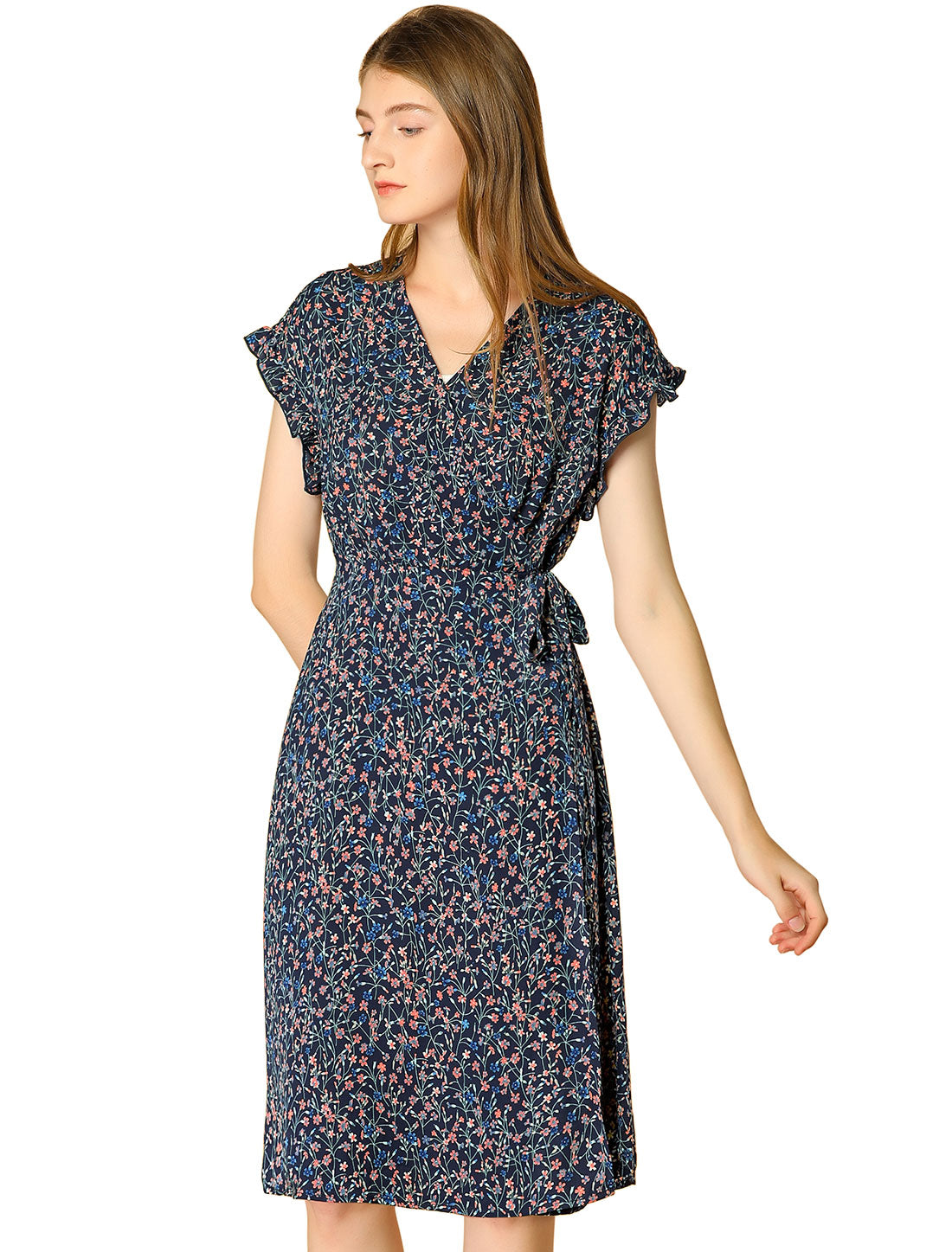 Women's Ditsy Floral Print V Neck Ruffle Flutter Sleeve Belted Midi Wrap Dress