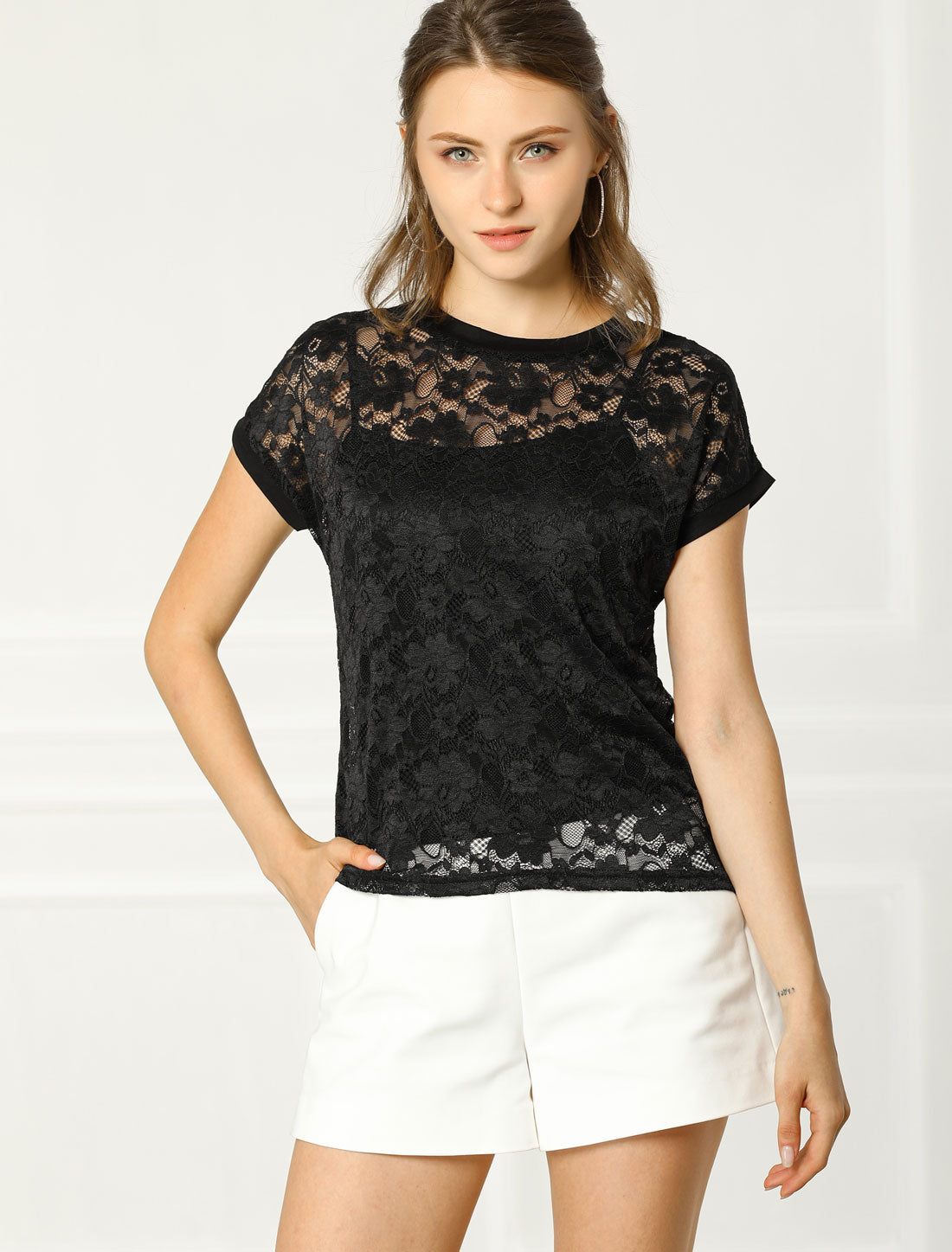 Women's Lace Floral Crew Neck Batwing Short Sleeves See-Through Top