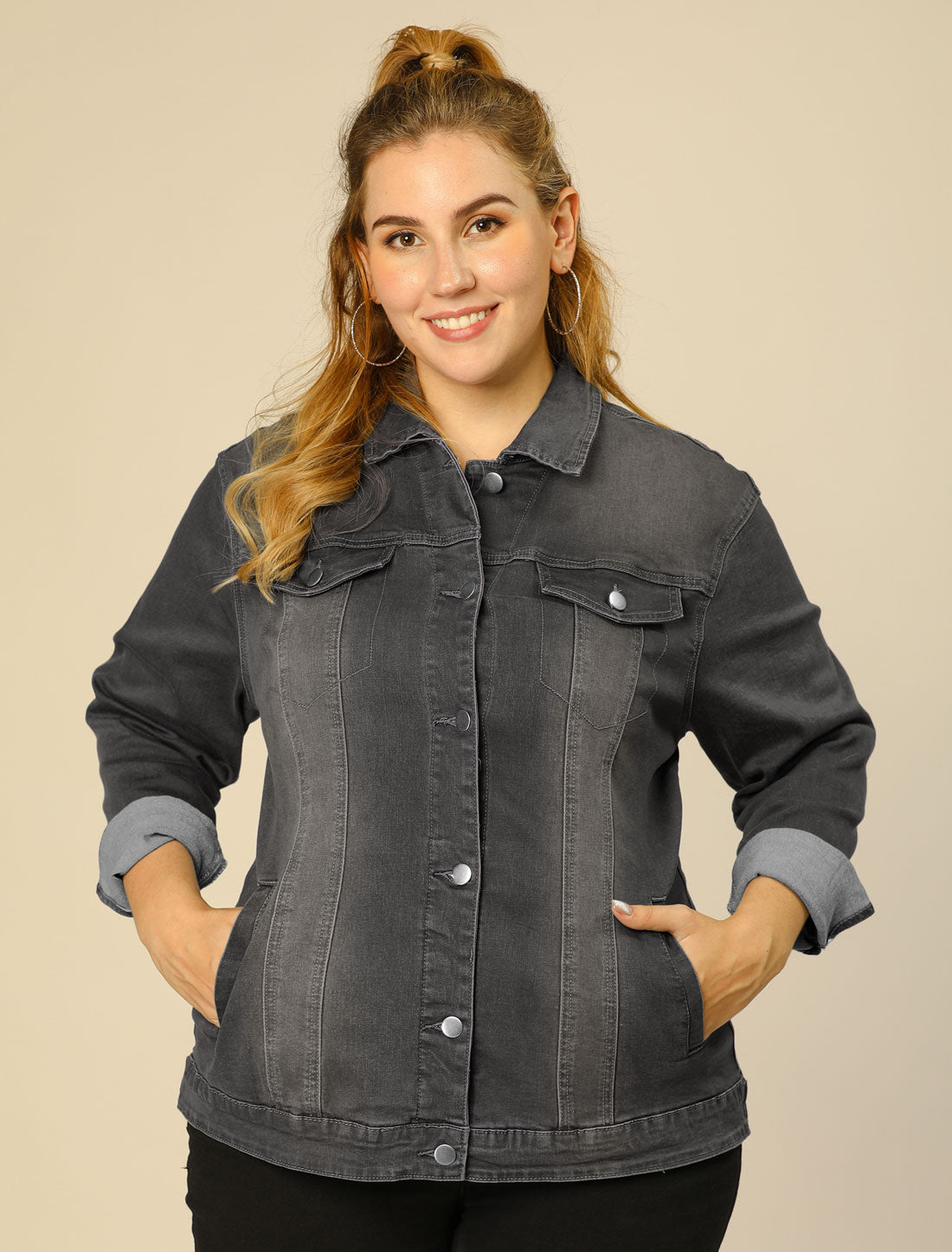 Women's Plus Size Jean Jacket Stitching Button Front Washed Denim Jacket