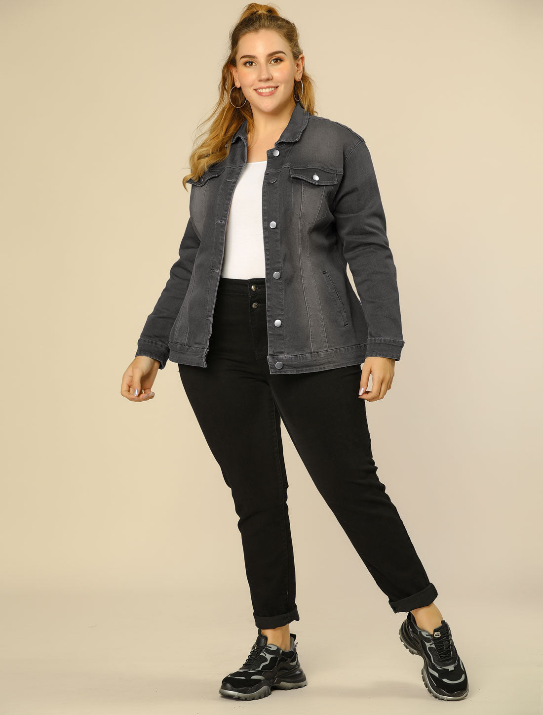 Women's Plus Size Jean Jacket Stitching Button Front Washed Denim Jacket