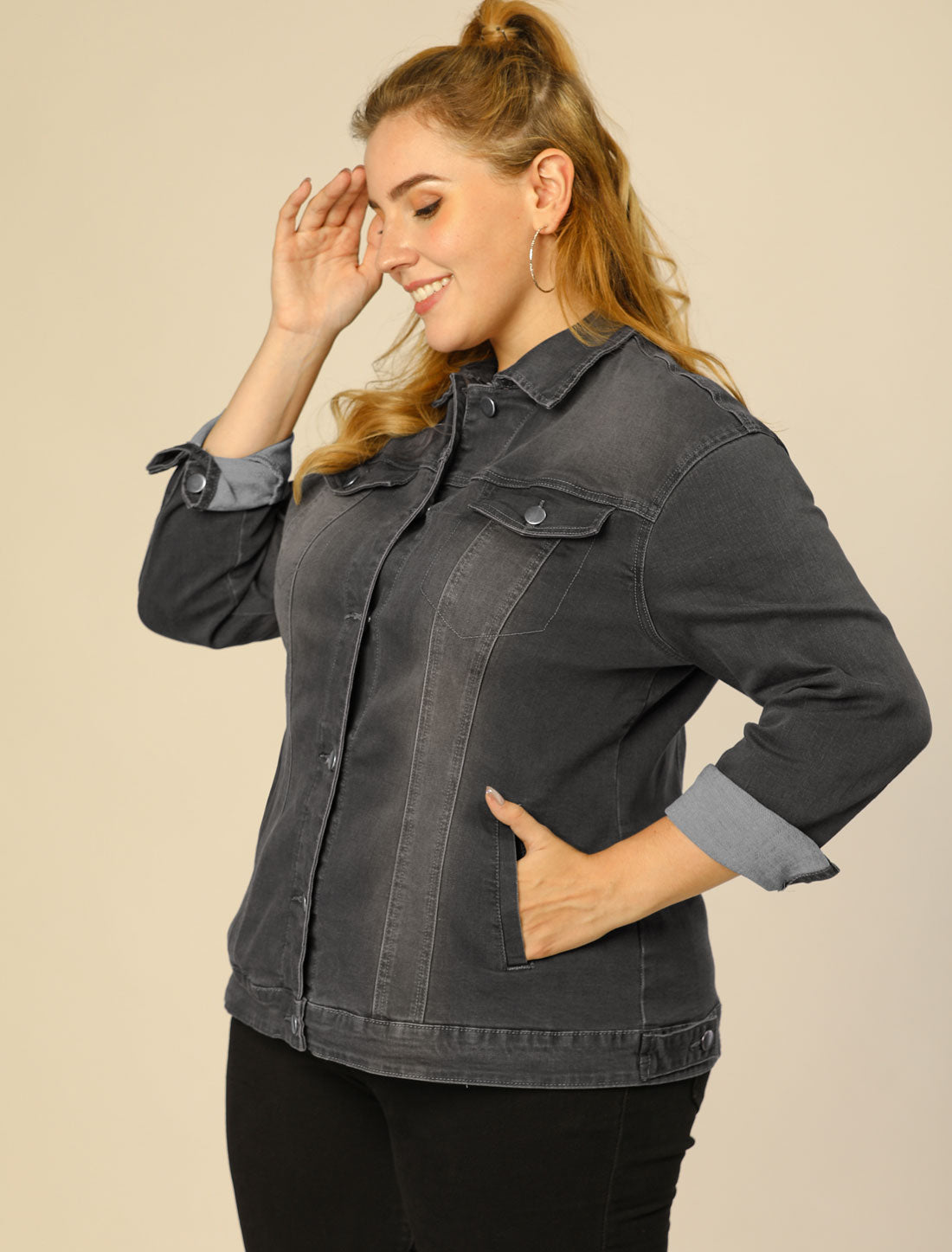 Women's Plus Size Jean Jacket Stitching Button Front Washed Denim Jacket