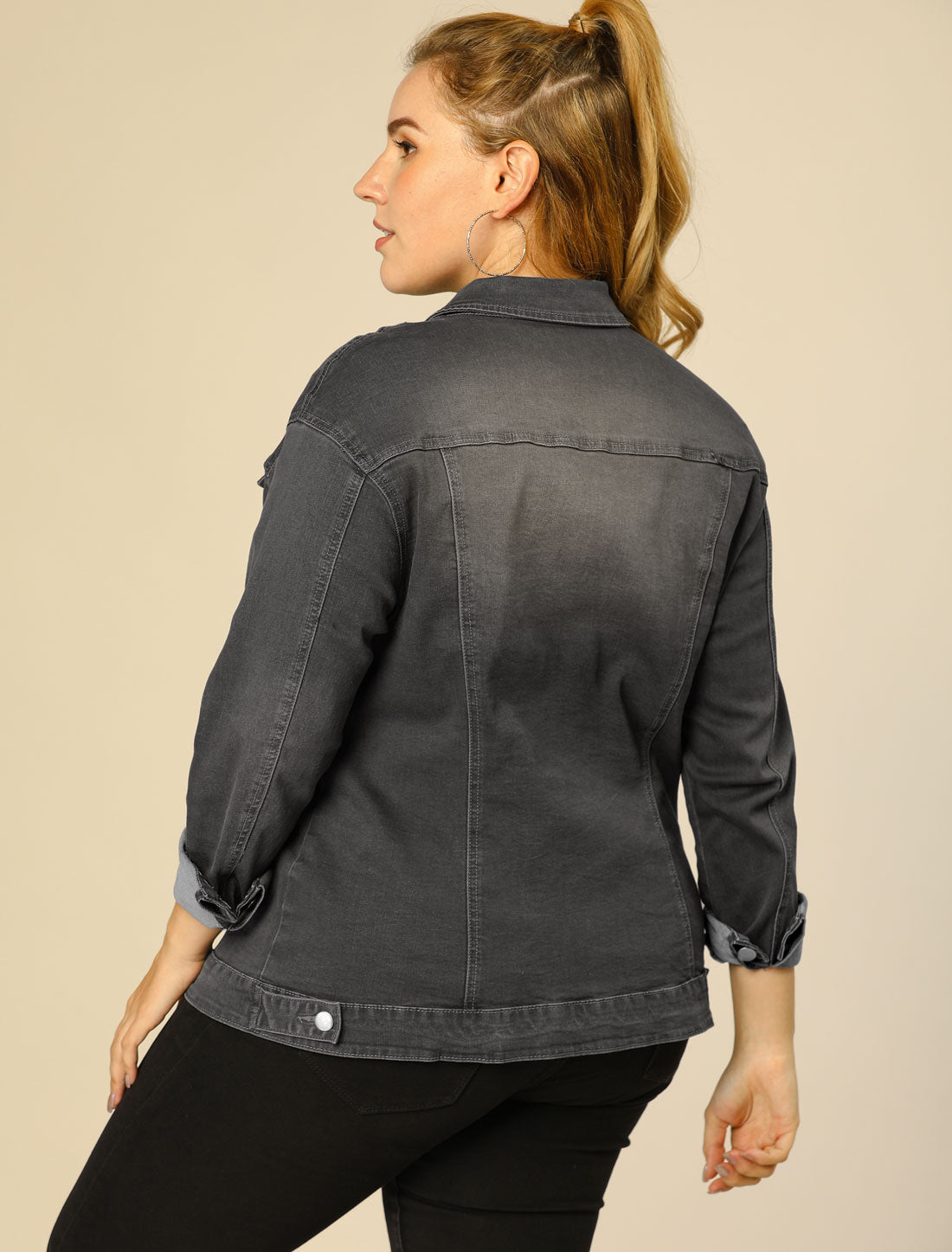 Women's Plus Size Jean Jacket Stitching Button Front Washed Denim Jacket