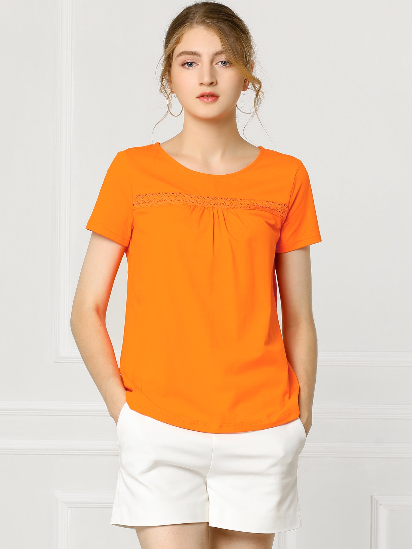 Women's Short Sleeve Summer Lace Trim Pleated T-Shirt Blouse