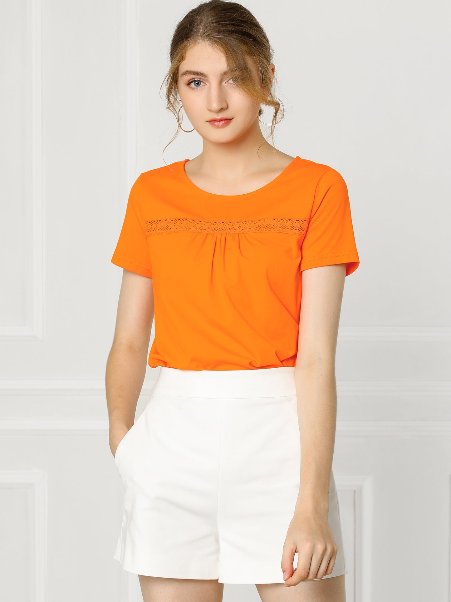 Women's Short Sleeve Summer Lace Trim Pleated T-Shirt Blouse