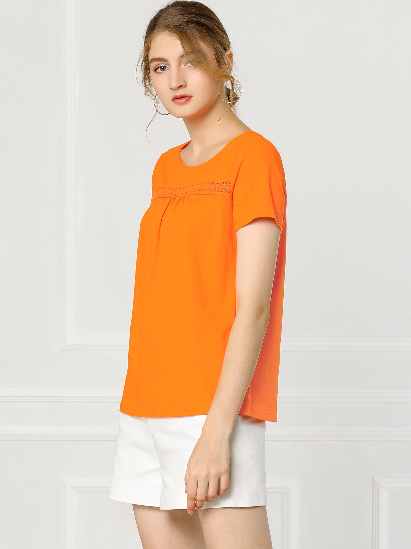 Women's Short Sleeve Summer Lace Trim Pleated T-Shirt Blouse