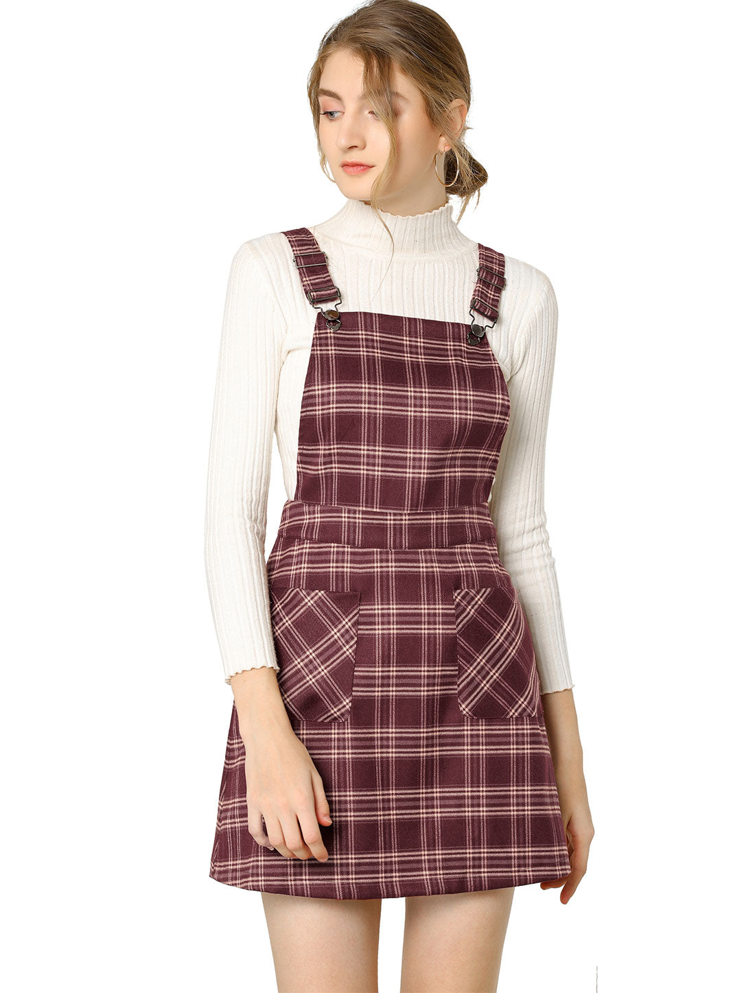 Women's Adjustable Strap Above Knee Plaid Printed Overall Dress Suspender Skirt