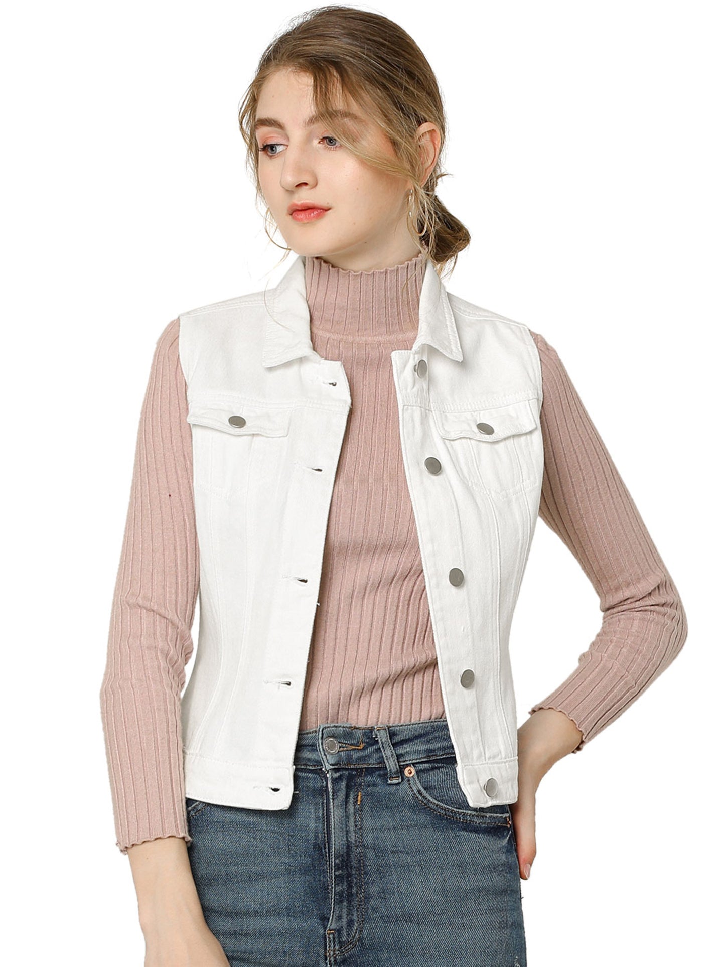 Women's Buttoned Washed Denim Vest Jacket W Chest Flap Pockets (Available in Plus Size)