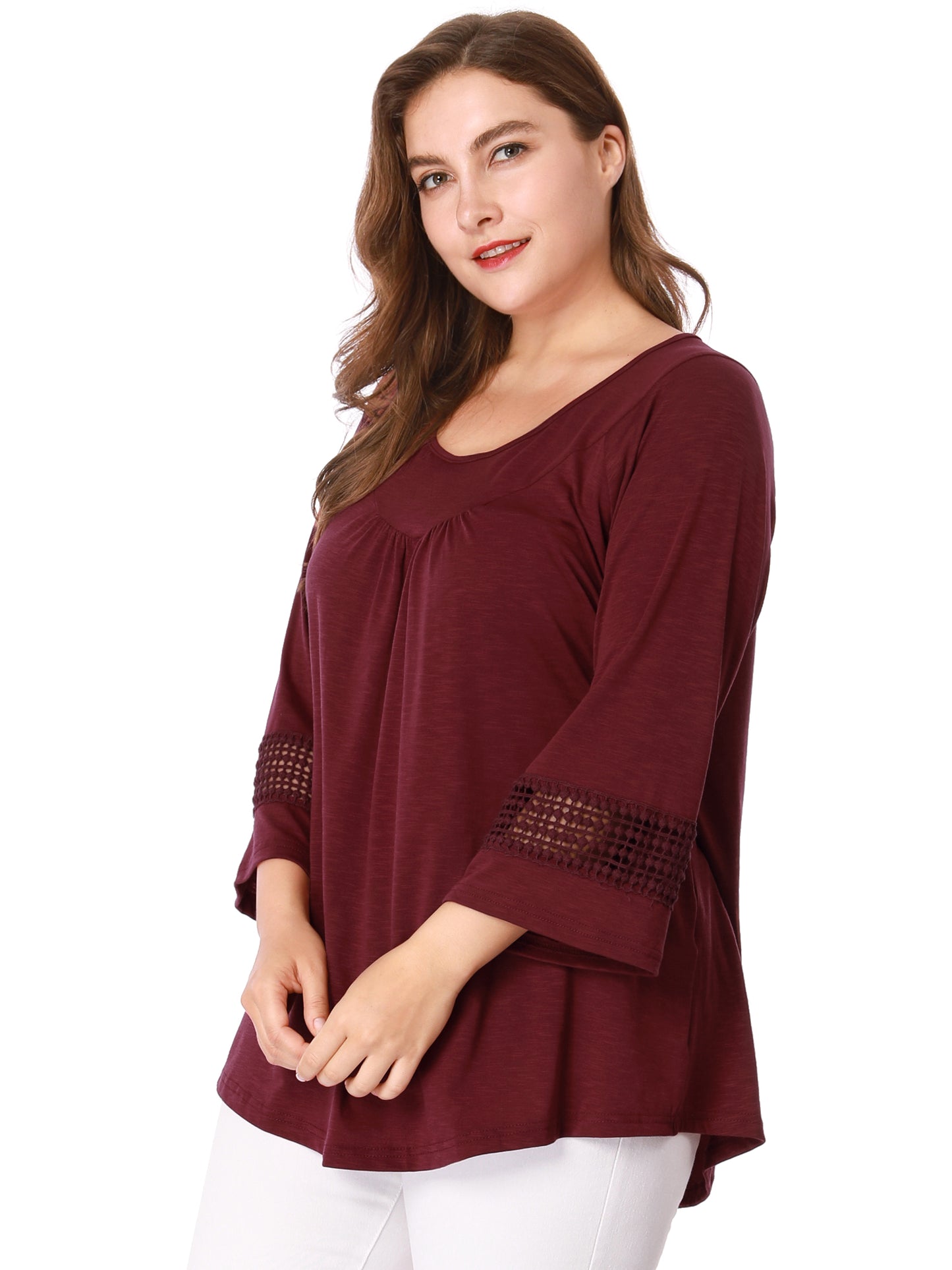 Women's Plus Size Tops Long Sleeve Crochet Panel Hollow Out Pleated Tunics Blouse