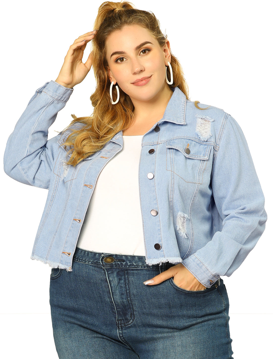 Women's Plus Size Denim Jackets Washed Button Front Long Sleeve Ripped Frayed Crop Denim Jacket