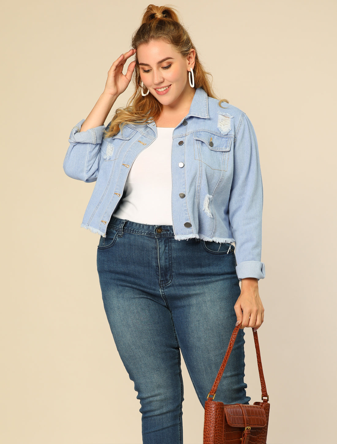 Women's Plus Size Denim Jackets Washed Button Front Long Sleeve Ripped Frayed Crop Denim Jacket