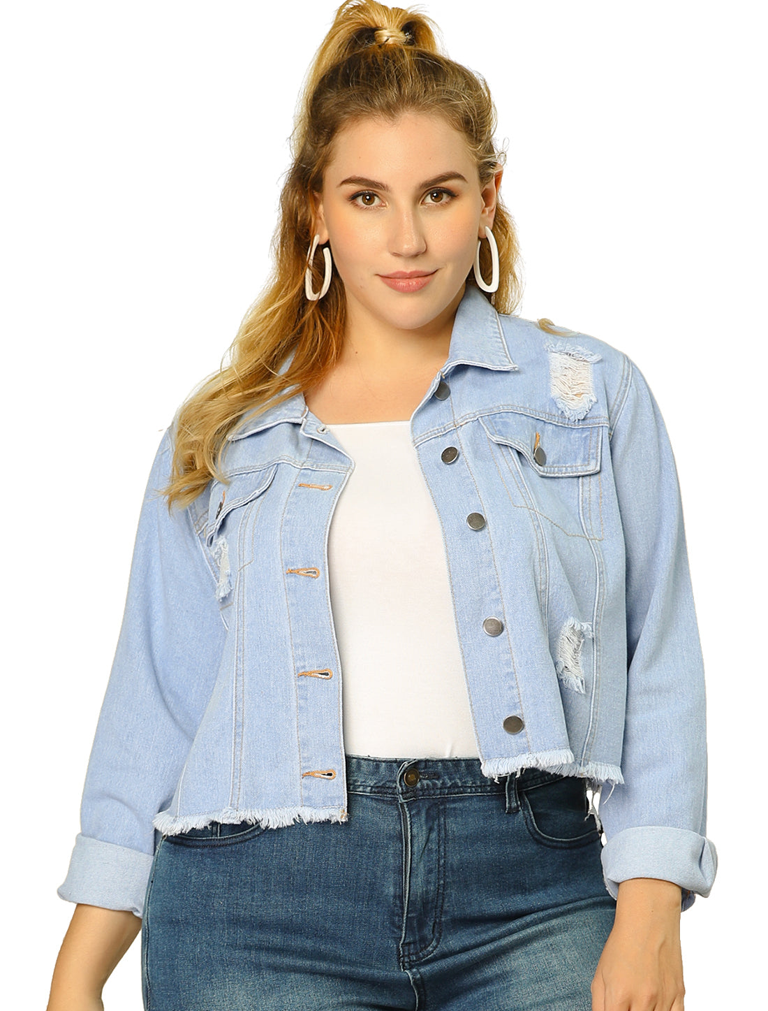 Women's Plus Size Denim Jackets Washed Button Front Long Sleeve Ripped Frayed Crop Denim Jacket