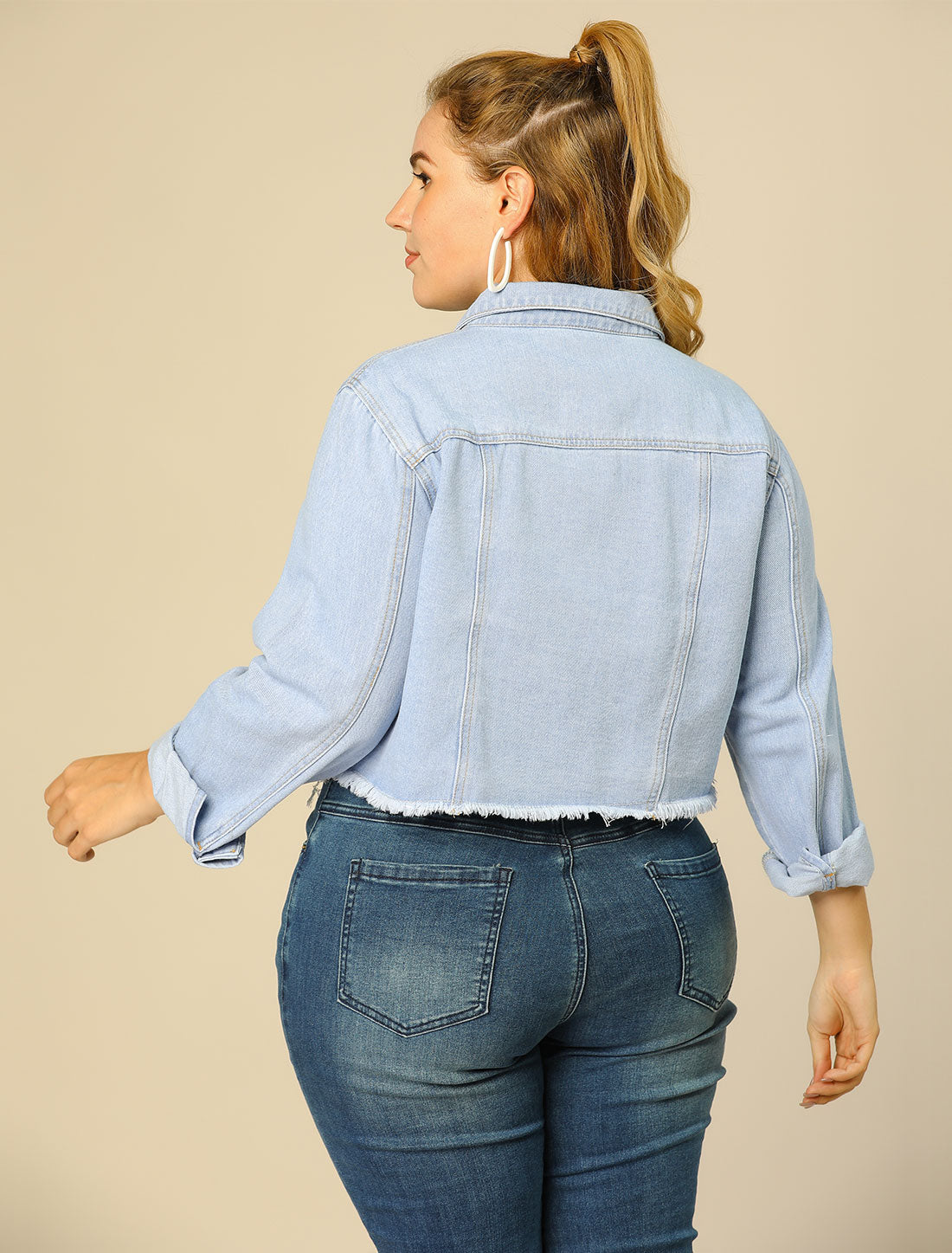 Women's Plus Size Denim Jackets Washed Button Front Long Sleeve Ripped Frayed Crop Denim Jacket